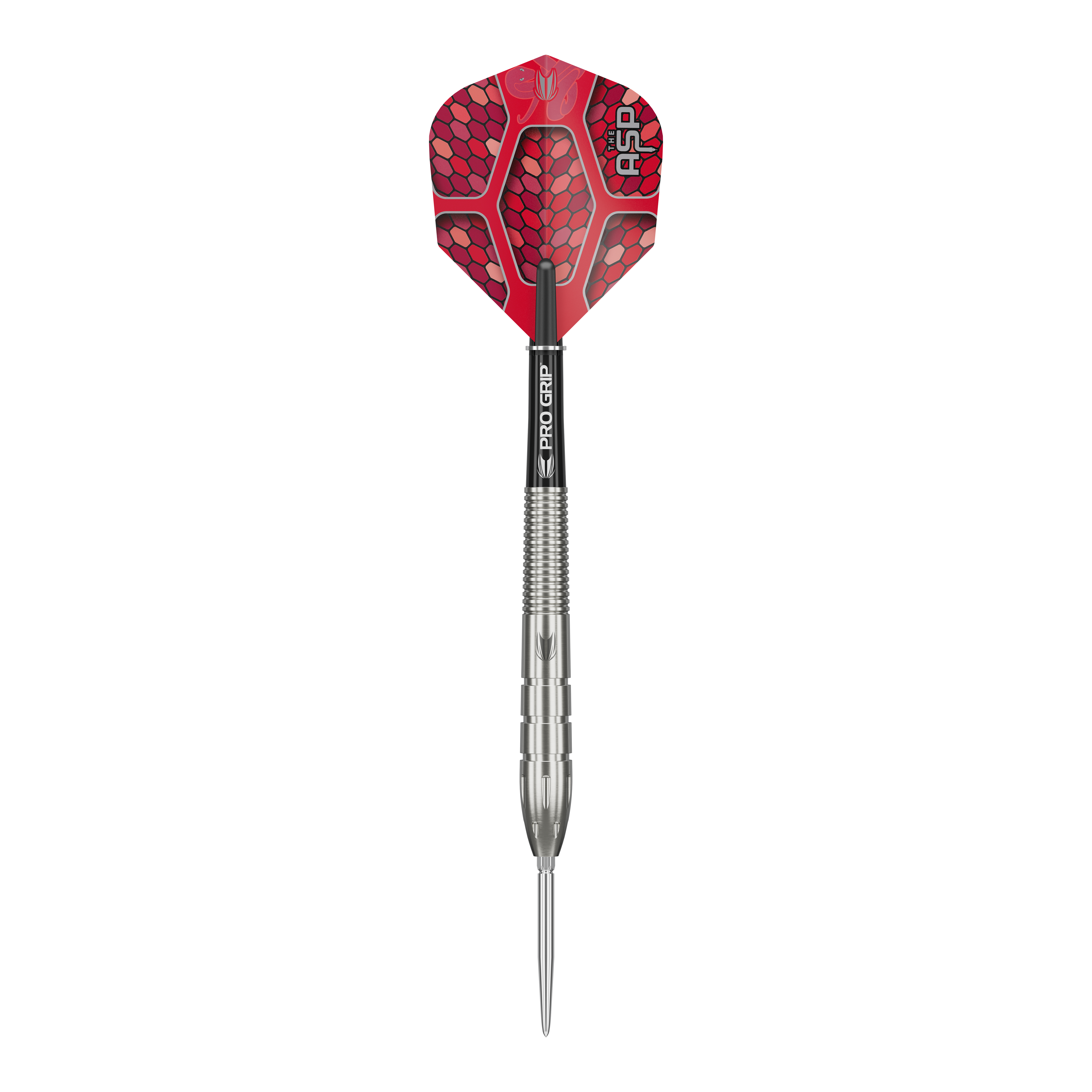Target Nathan Aspinall GEN1 Swiss Point steel darts Das Bild zeigt einen Target Nathan Aspinall GEN1 Swiss Point Steeldart. Der Dart hat eine silberne Spitze und einen roten Flight mit Schuppenmuster.