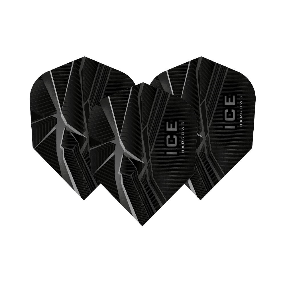 Das Bild zeigt drei schwarze Dart-Flights mit silbernen, eisähnlichen Mustern. Auf den Flights steht der Produktname "HARROWS ICE".