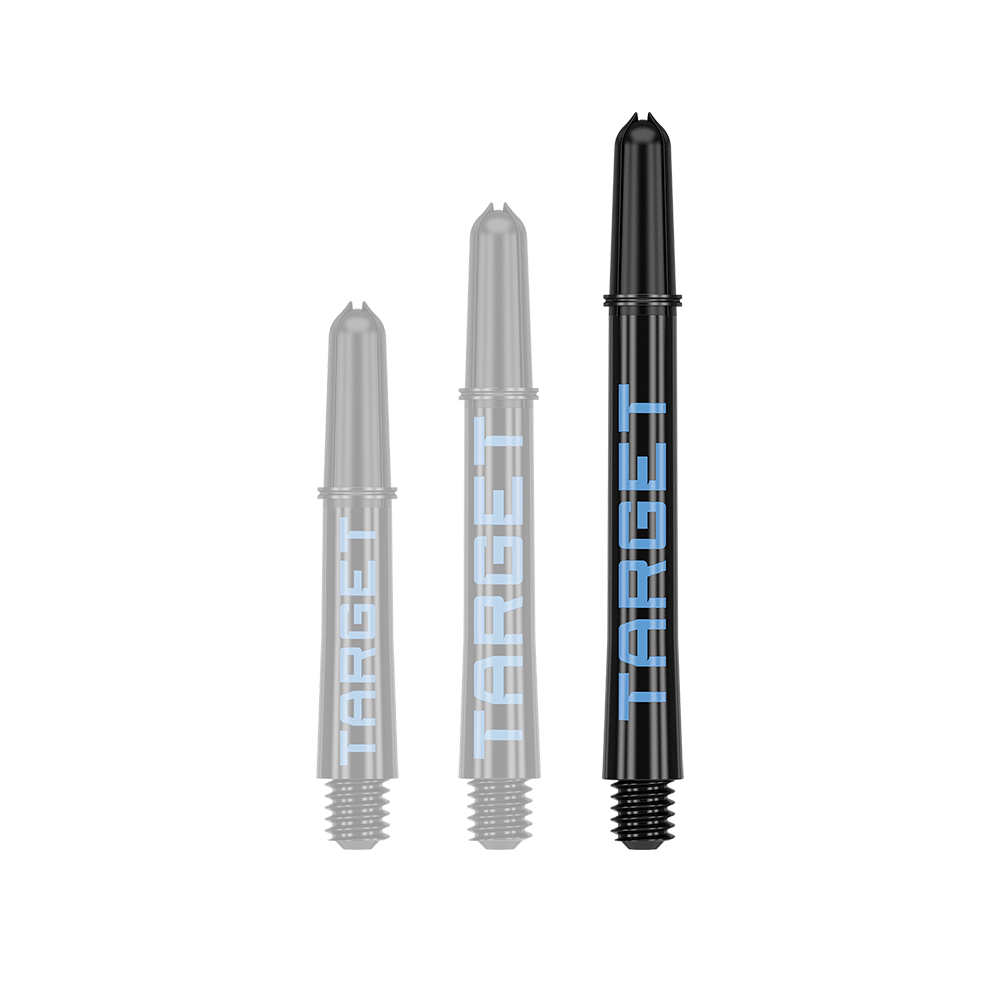 Target Pro Grip TAG Shafts - 3 Sets - Black Blue Auf dem Bild sind drei schwarze Dart-Schäfte in verschiedenen Längen zu sehen. Auf jedem Schaft steht das Wort "TARGET" in blauer Schrift.