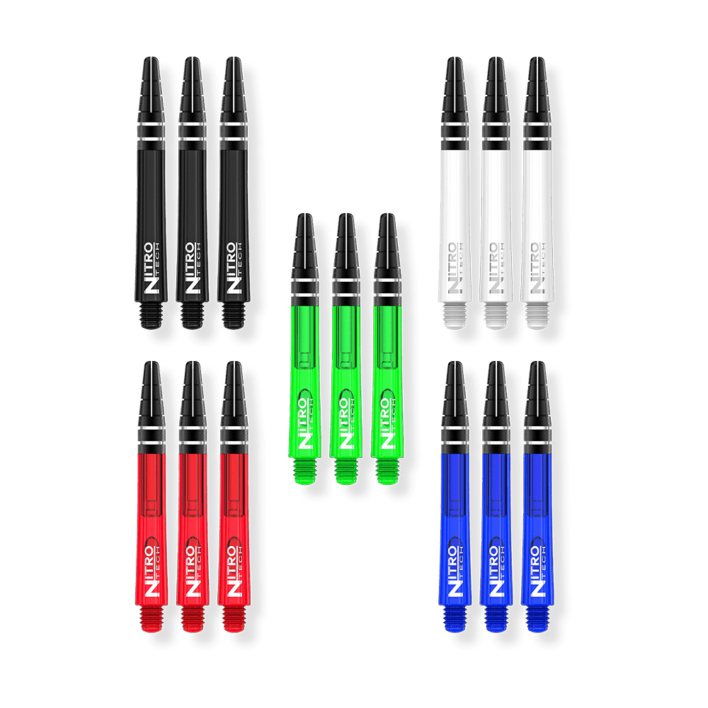 X0802_Red_Dragon_Nitrotech_Shaft_Card_Medium_2 Das Bild zeigt insgesamt fünf verschiedene Farben des Produkts "Red Dragon Nitrotech Shaft Card Medium". Jede Farbe ist in einem Set von drei Shafts angeordnet.