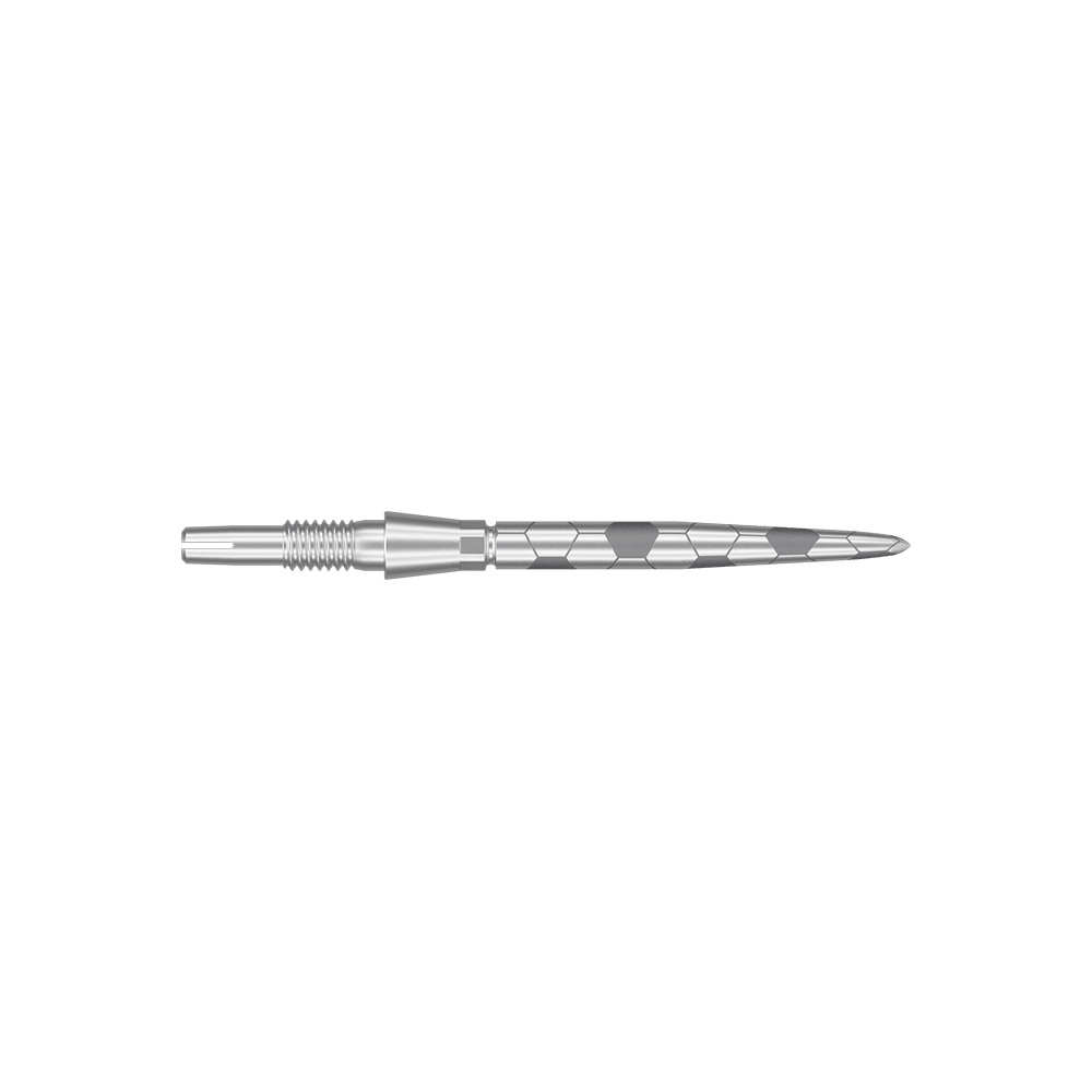 Target Swiss Storm Onyx Point Dart Tips - Silver Auf dem Bild ist eine silberne Dartspitze mit Rillen und sechseckigen Mustern zu sehen. Sie ist lang und schlank gestaltet.