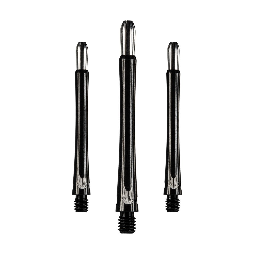 146210_Target_Grip_Style_Aluminium_Shafts_Schwarz_485mm_1 Auf dem Bild sind drei schwarze Aluminium-Dartschäfte in unterschiedlicher Länge zu sehen. Sie haben ein silbernes Oberteil und ein Gewinde am unteren Ende.