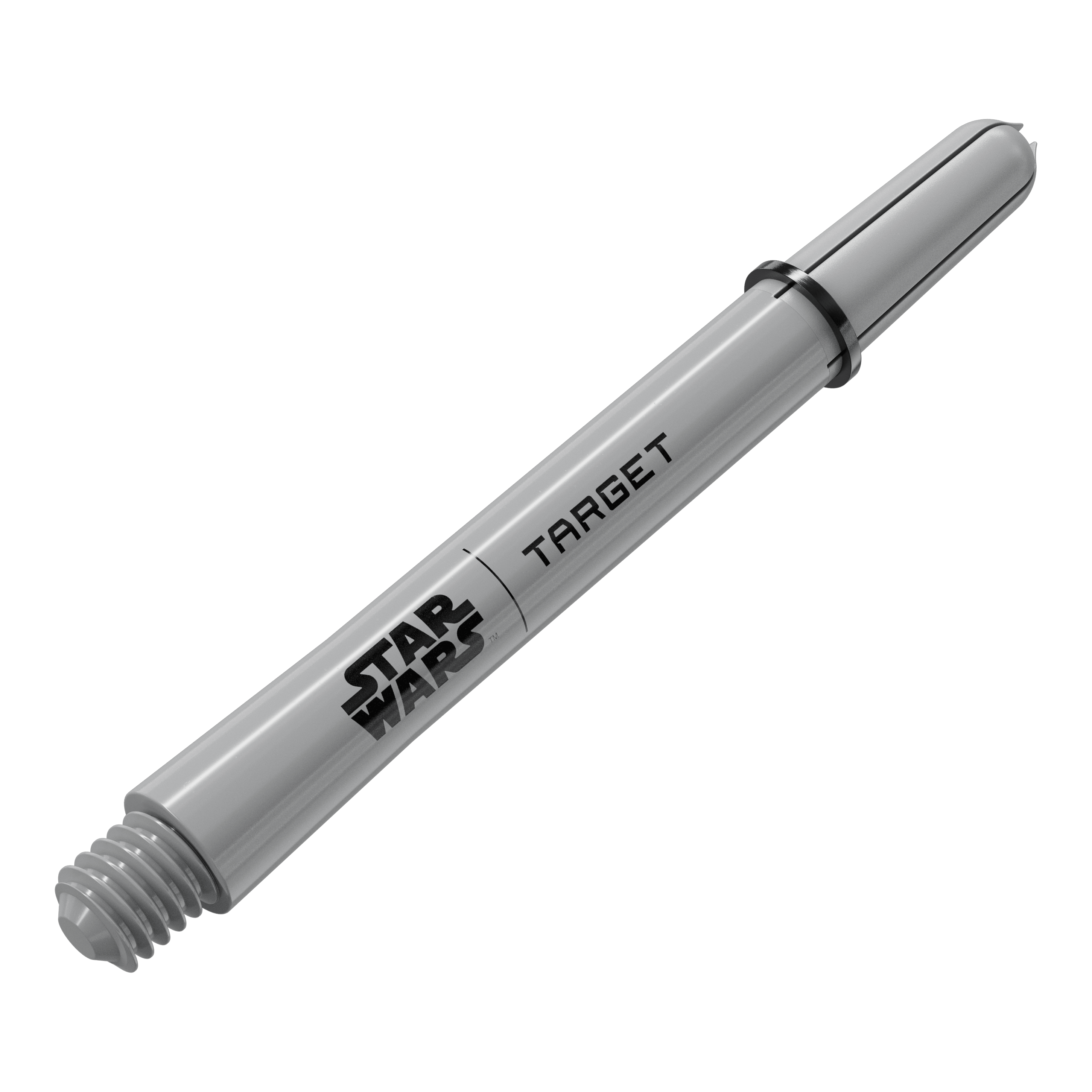 Das Bild zeigt ein Dart-Zubehör mit dem Dateinamen 380432_Target_StarWars_ProGrip_Shafts_Grau_Medium_48mm_2. Es handelt sich vermutlich um einen weiteren grauen Medium ProGrip Shaft von Star Wars mit 48mm Länge.