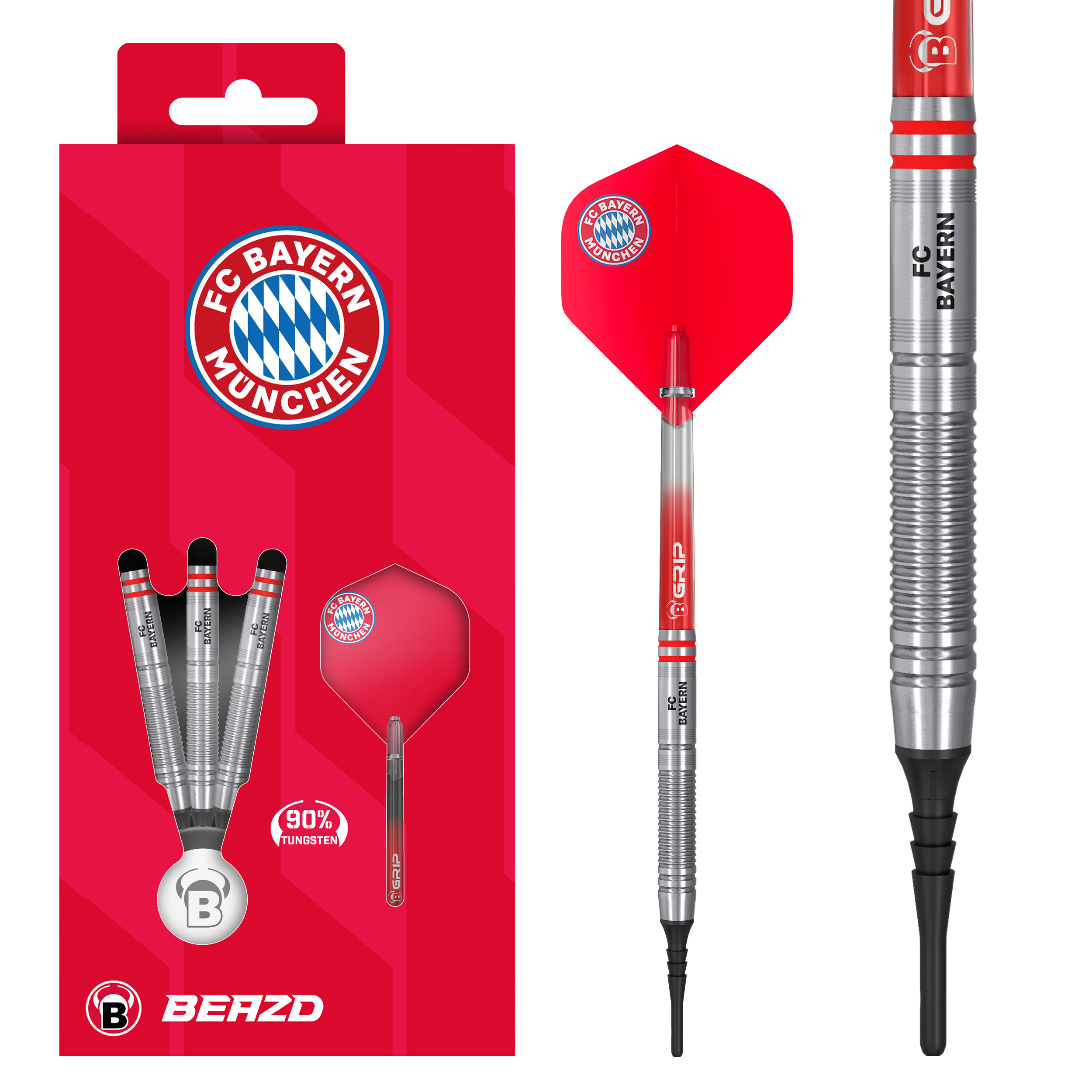 Beazd FC Bayern Munich Tungsten Soft Darts - 18g Das Beazd FC Bayern München Tungsten Softdarts – 18g Set liegt nebeneinander. Logos und Barrel-Muster sind klar erkennbar.