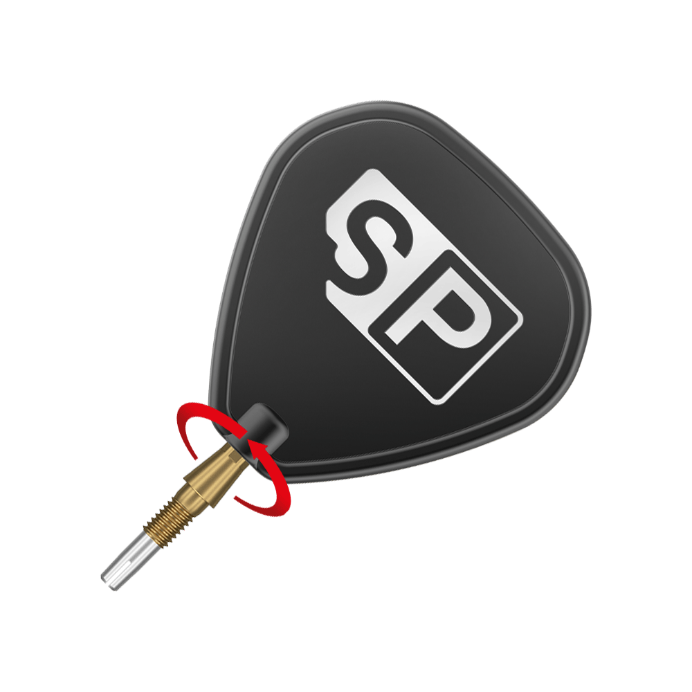 Target Swiss Storm Quartz Dart Tips - Gold Das Bild zeigt eine schwarze Dartspitze mit der Aufschrift "SP" auf einem Flight. Ein roter Pfeil markiert eine Drehbewegung an der Verbindung zwischen Spitze und Flight.