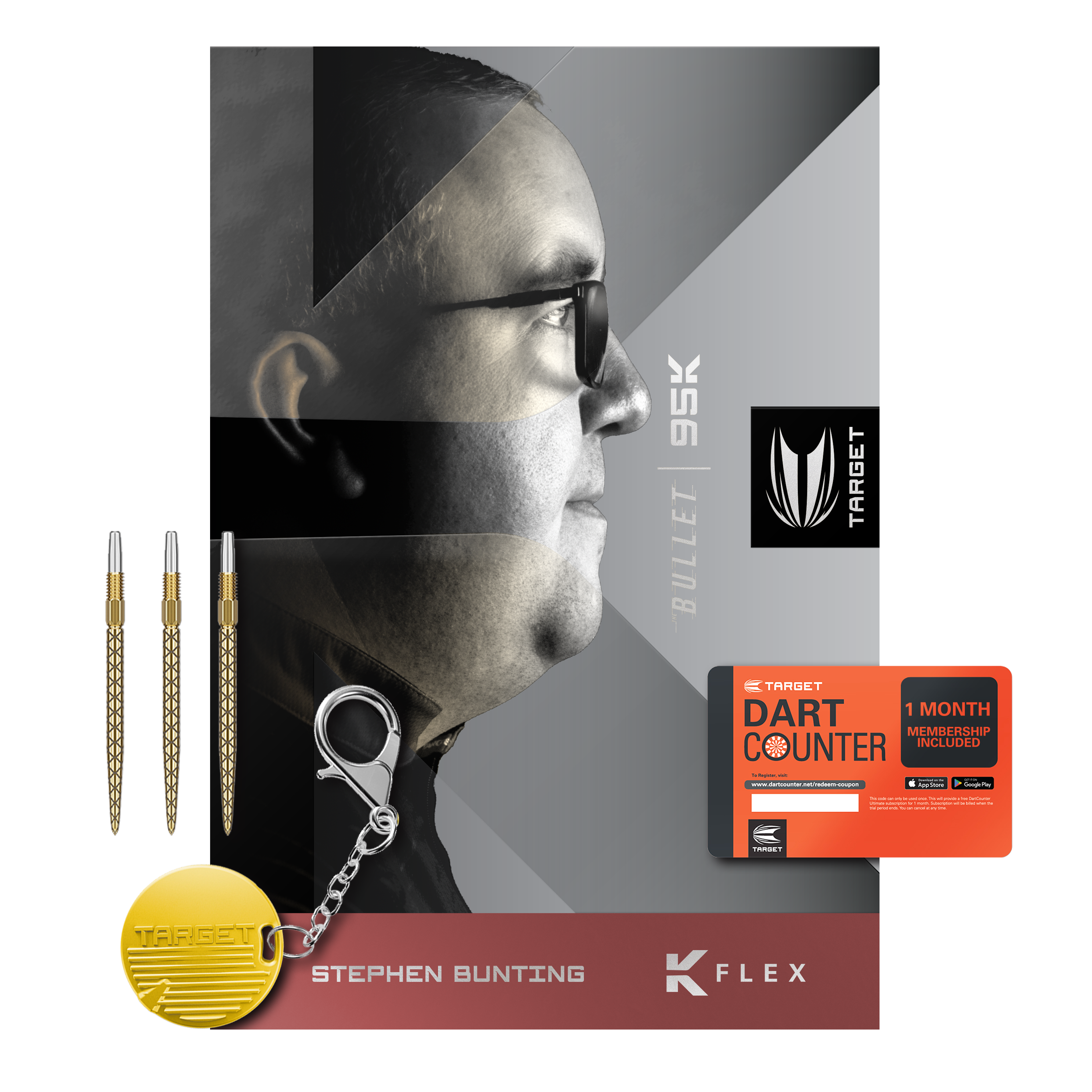 Target Stephen Bunting 95K Swiss Point Steel Darts Das Bild zeigt das Produkt "Target Stephen Bunting 95K Swiss Point Steeldarts" mit drei Dartpfeilen, einem Schlüsselanhänger und einer Dart Counter-Mitgliedskarte. Auf der Verpackung ist ein Porträtfoto von Stephen Bunting abgebildet.