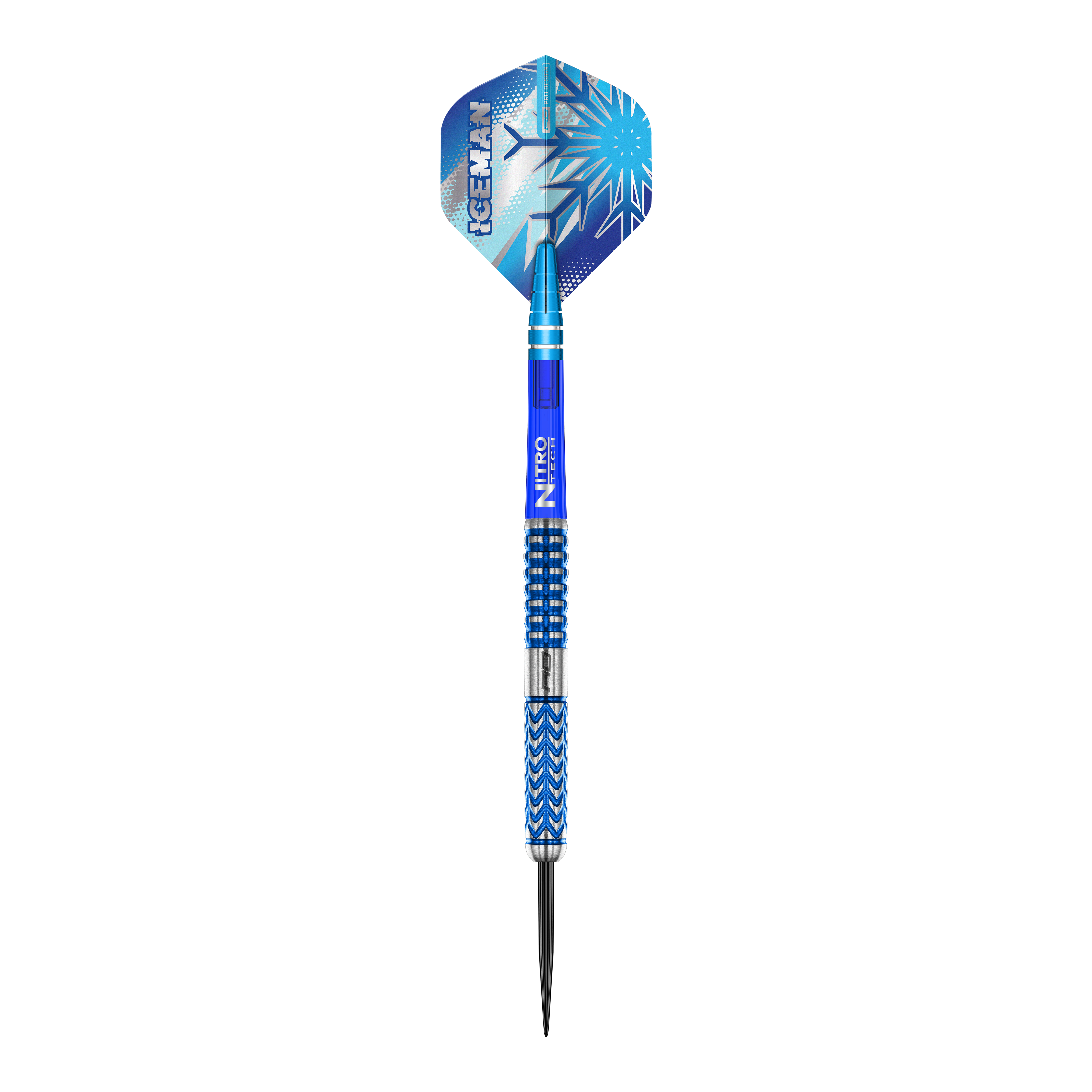 Red Dragon Gerwyn Price Glacier steel darts Das Bild zeigt einen Red Dragon Gerwyn Price Glacier Steeldart. Der Dart ist überwiegend blau und silbern mit einem eisigen, modernen Design.