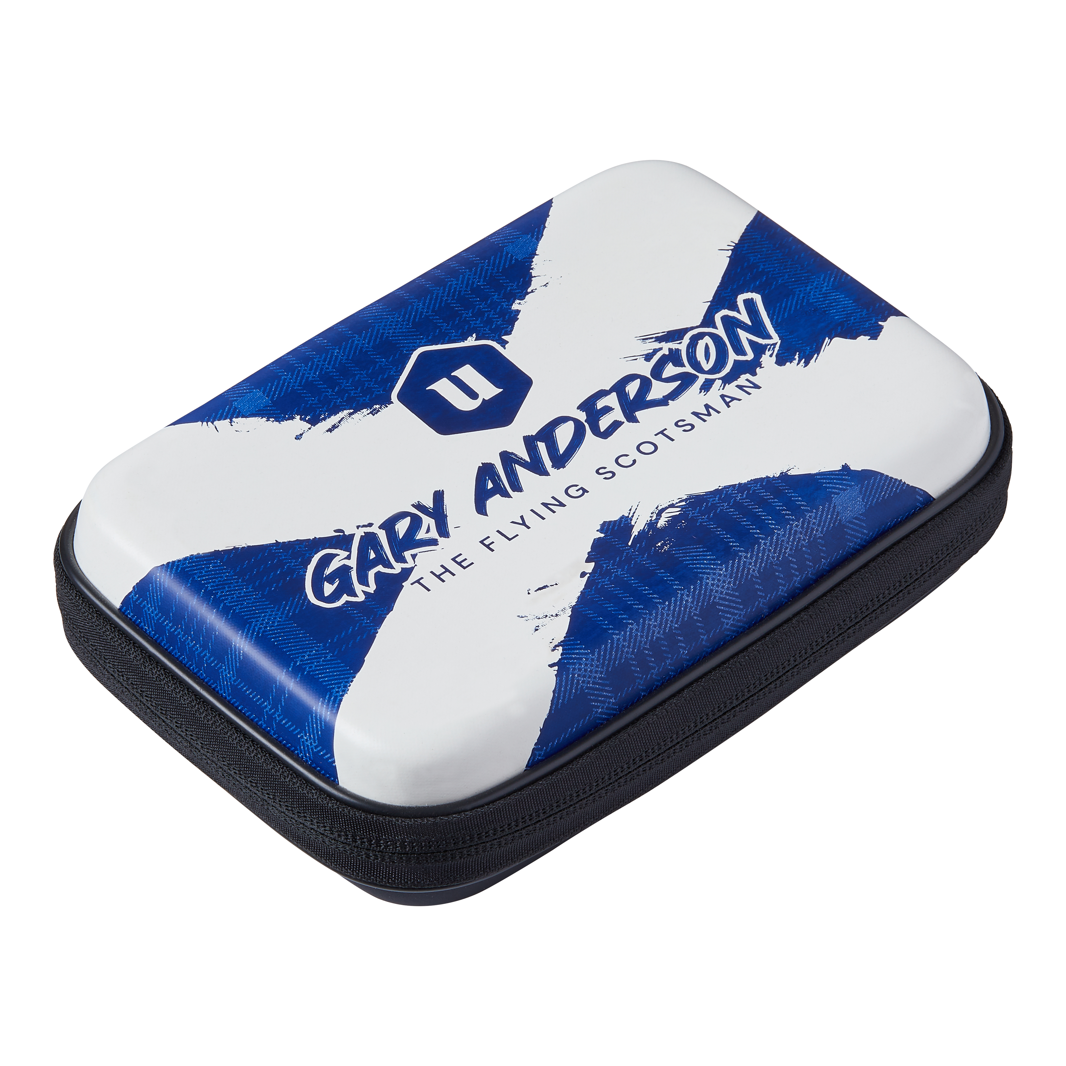 Unicorn Ultra Gary Anderson dart wallet Das Bild zeigt das Produkt "Unicorn Ultra Gary Anderson Dartwallet". Die Darttasche ist mit einem blauen und weißen Design sowie dem Namen "Gary Anderson" und dem Schriftzug "The Flying Scotsman" bedruckt.