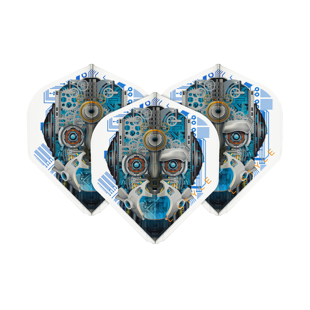 L-Style Berry Van Peer V3 Clear White L1EZ Flights Das Bild zeigt drei Dartflights mit einem futuristischen Roboter-Design in Blau- und Grautönen. Die Flights sind von der Marke L-Style und heißen "Berry Van Peer V3 Clear White L1EZ".