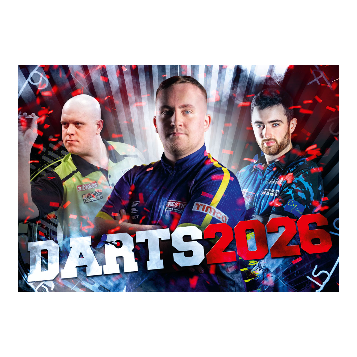 Darts Kalender 2026 Darts Kalender 2026 ist abgebildet. Der Kalender illustriert verschiedene Darts-Themen für das Jahr 2026.
