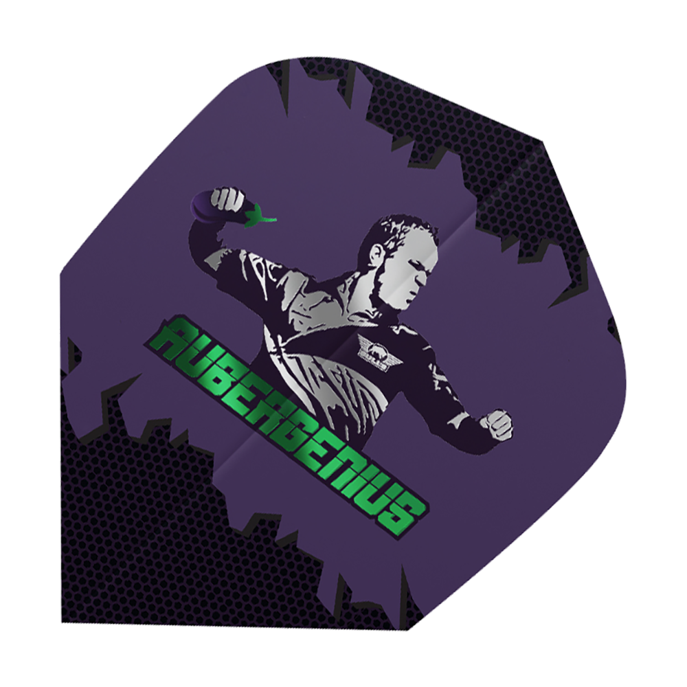 BU50878_Bulls_Powerflite_Dirk_Van_Duijvenbode_Aubergenius_Standard_Flights_1 Das Bild zeigt ein Dartflight mit einem schwarz-weißen Portrait einer Person auf lila Hintergrund. Darunter steht in grüner Schrift das Wort "AUBERGENIUS".