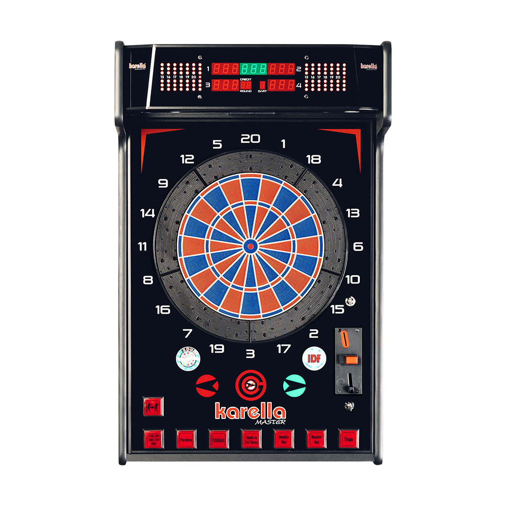 Karella_E-Master_Dartautomat_Wandmontage_Mit_M-nzeinwurf_1 Das Bild zeigt den Karella E-MASTER Dartautomaten mit Münzeinwurf. Das Gerät hat eine elektronische Anzeige und ist für das Spielen von Darts geeignet.