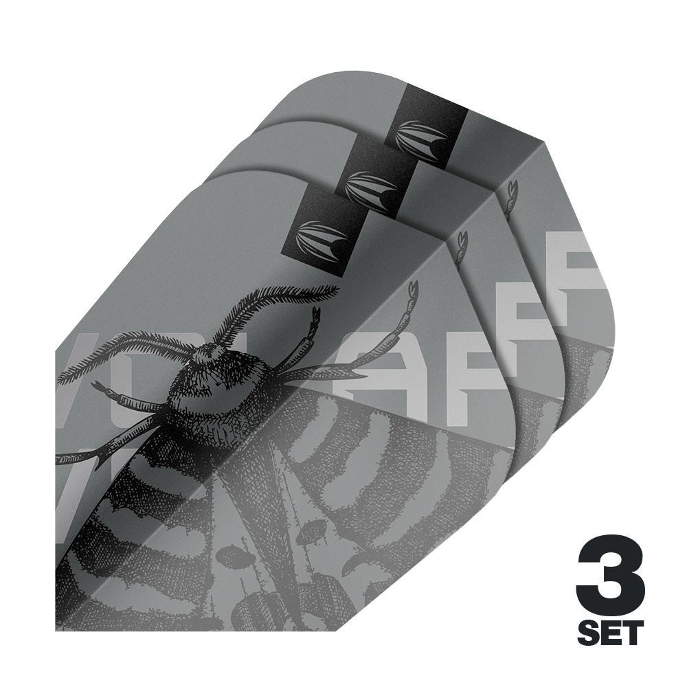 Target Pro Ultra Volar Ten-X Flights - 3 sets Das Bild zeigt drei Sätze Target Pro Ultra Volar Ten-X Flights in grau mit einem stilisierten Insekten-Design. In der Ecke steht "3 Set" in schwarzer Schrift.
