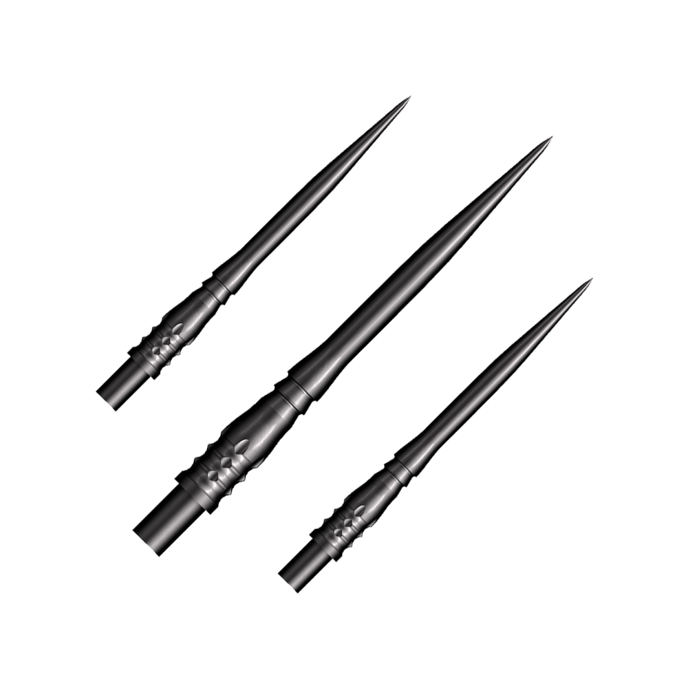Shot Cone Rocket Steel Dart Tips - Black - 35mm Das Bild zeigt drei schwarze Steeldart-Spitzen des Modells "Shot Cone Rocket" mit einer Länge von 35 mm. Die Spitzen sind schlank, spitz zulaufend und haben ein filigranes Design.