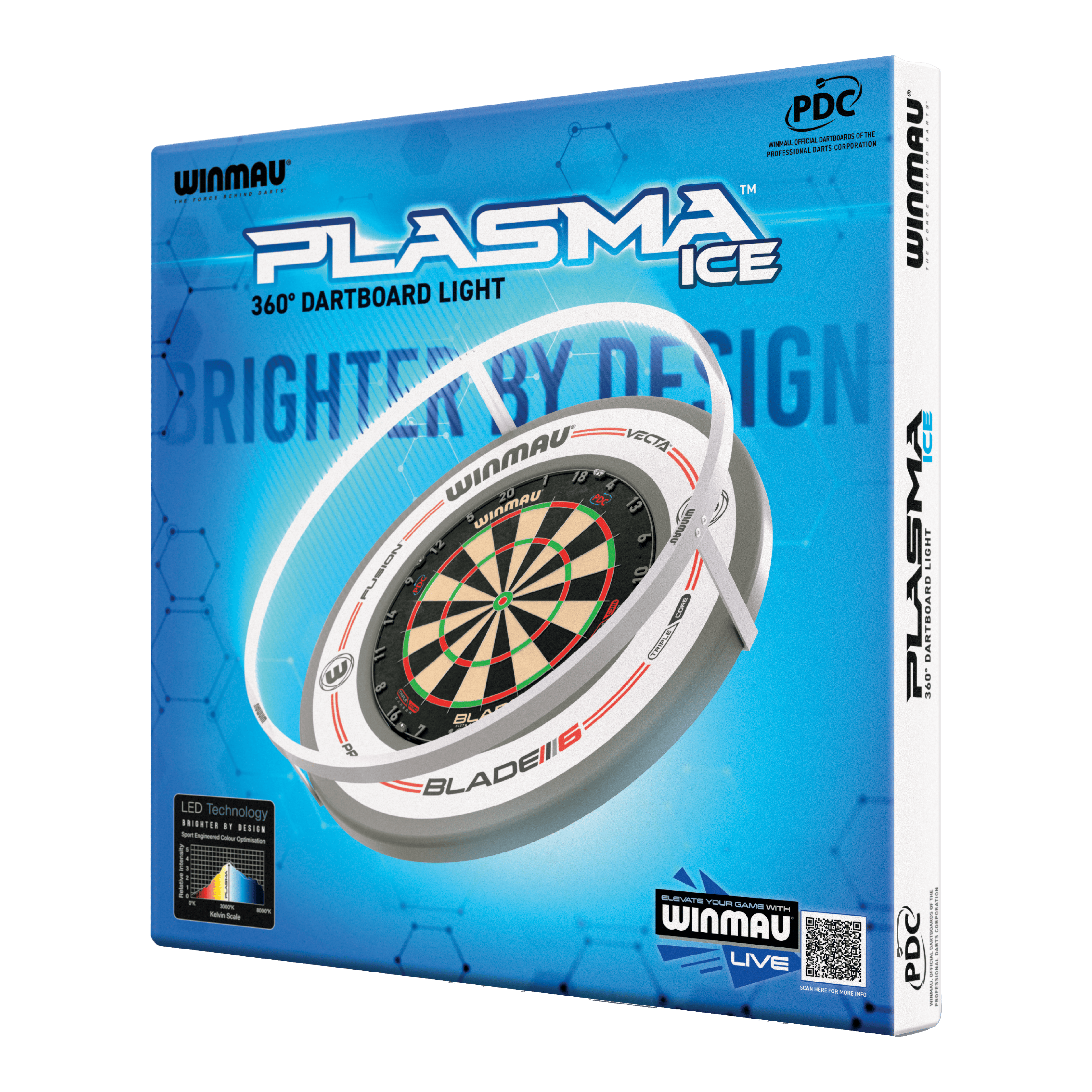 Winmau Plasma Ice LED Dartboard Light Die Abbildung zeigt die Verpackung des "Winmau Plasma Ice LED Dartboard Light". Das Produkt bietet eine 360° Beleuchtung für Dartboards.
