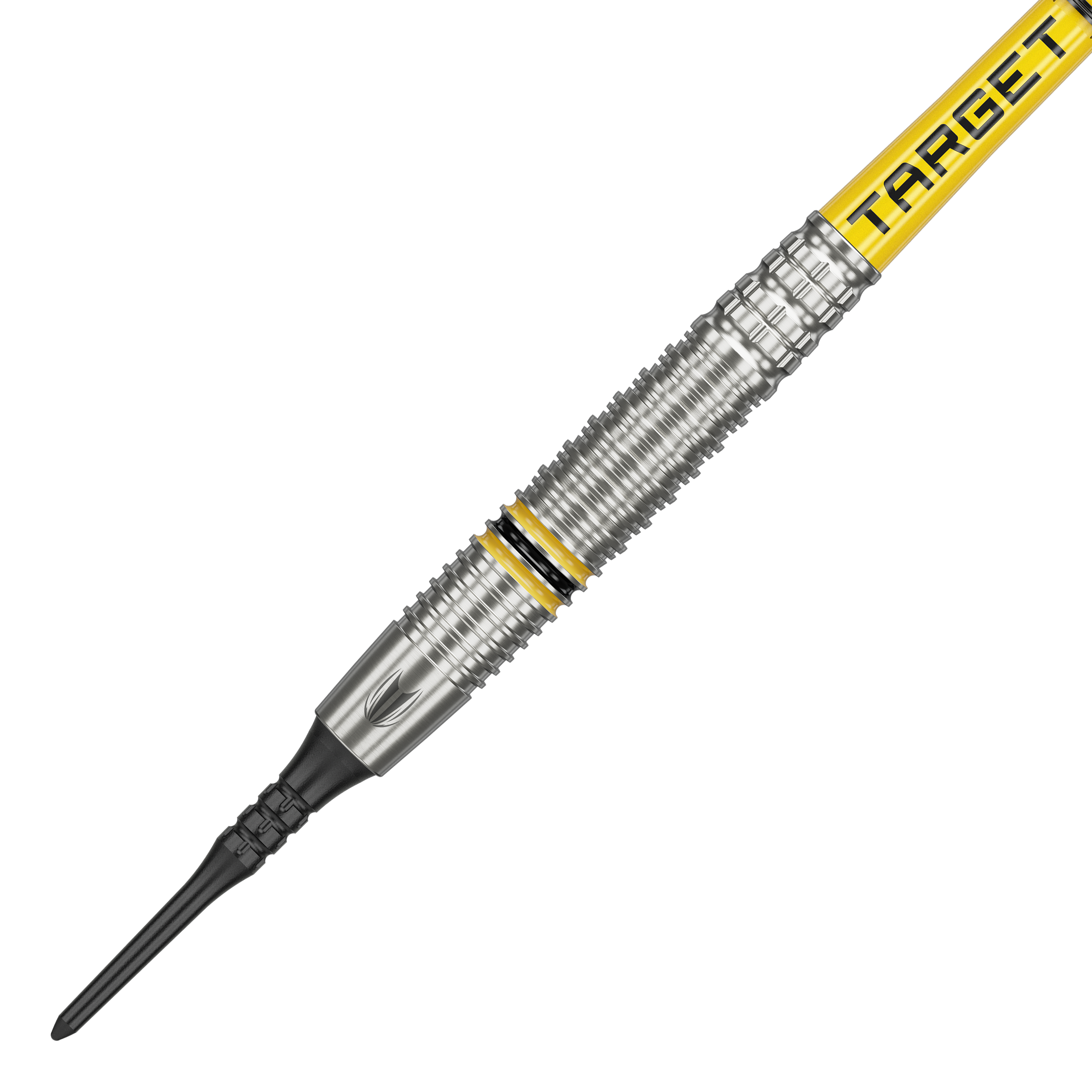 Target Scott Williams GEN2 soft darts - 18g Das Bild zeigt einen Target Scott Williams GEN2 Softdart mit einem Gewicht von 18 Gramm. Der Dart hat silberne Rillen und gelbe Akzente sowie die Aufschrift "TARGET" auf dem Schaft.