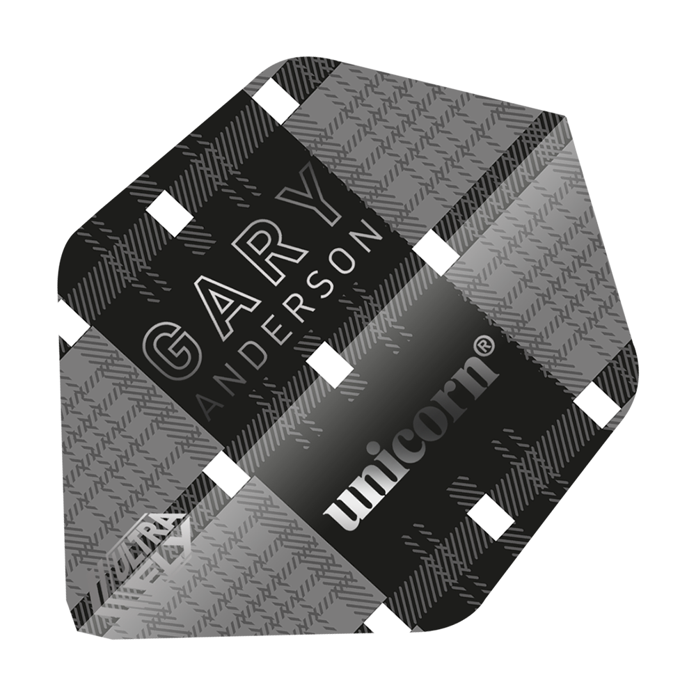 UN24_69031_Unicorn_UltraFly75_Gary_Anderson_World_Champion_Ghost_AR2_Flights_1 Das Bild zeigt ein Dart-Flight mit einem schwarz-grauen Karomuster und dem Namen "Gary Anderson". Auf dem Flight stehen außerdem die Markenbezeichnungen "unicorn" und "Ultra Fly".