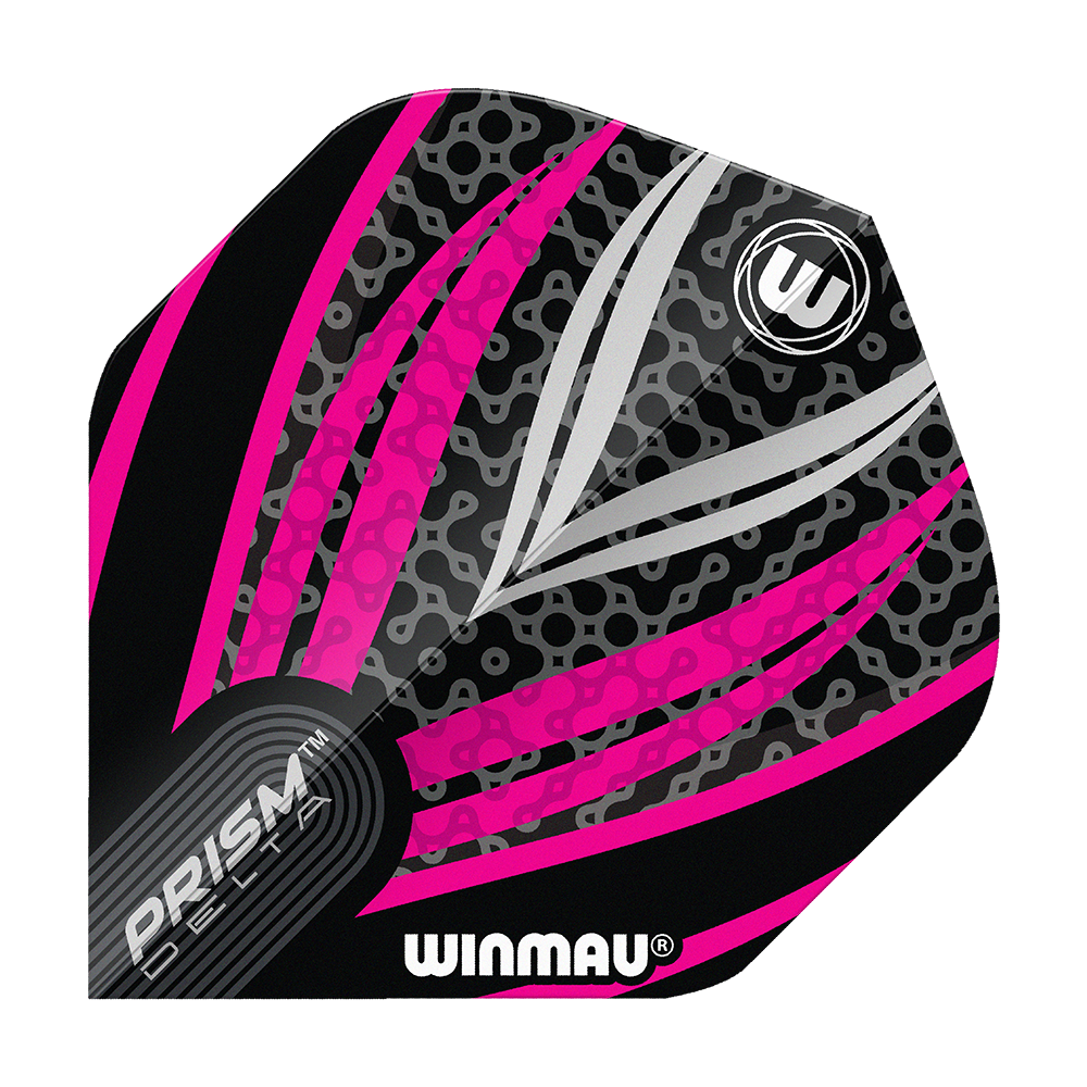 Das Bild zeigt ein Winmau Prism Delta Dart Flight in den Farben Schwarz, Weiß und Pink. Das Flight hat ein modernes Muster mit Linien und dem Winmau-Logo darauf.