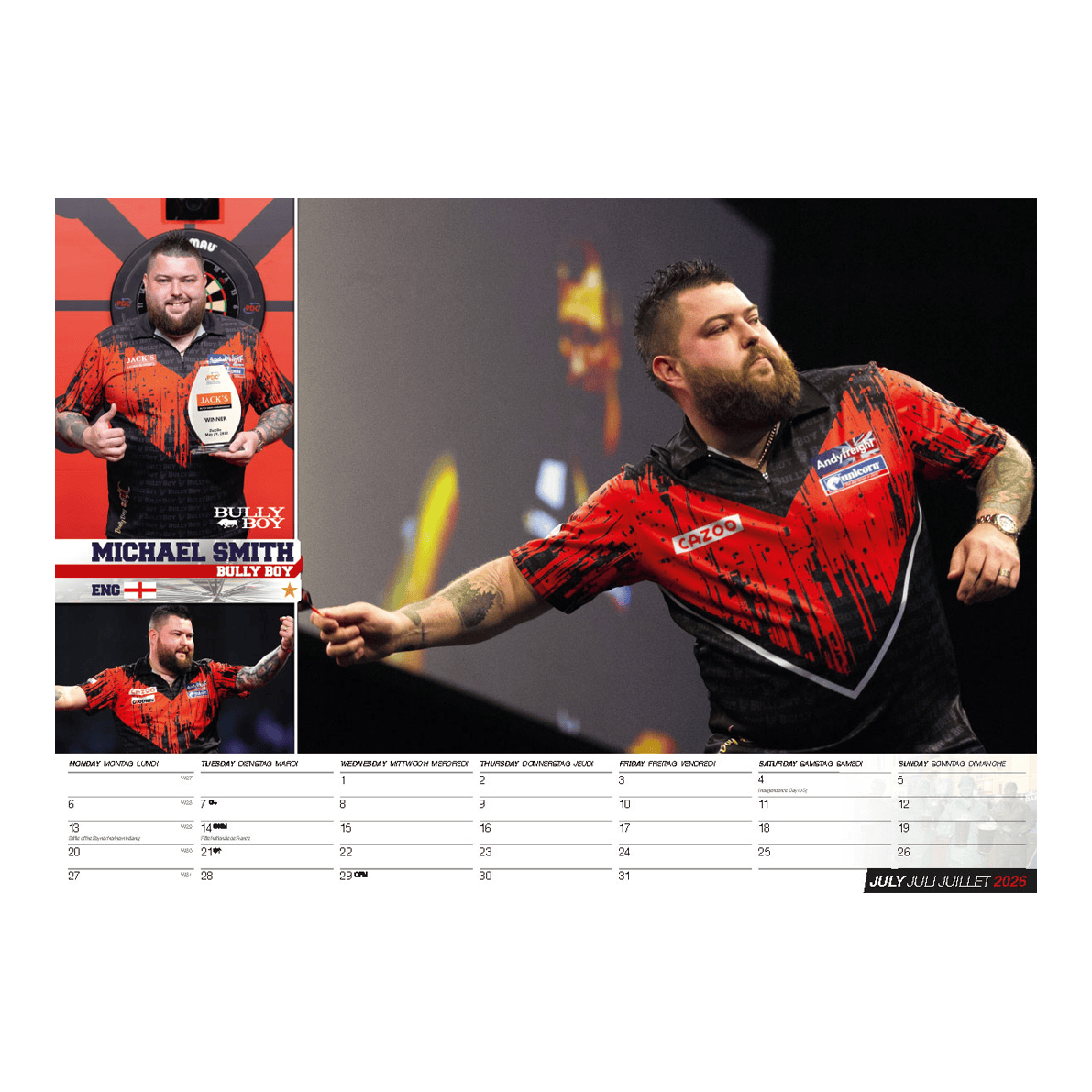 Der Darts Kalender 2026 ist auf diesem Bild zu sehen. Es zeigt eine Vorschau des Kalenders für Dart-Fans.