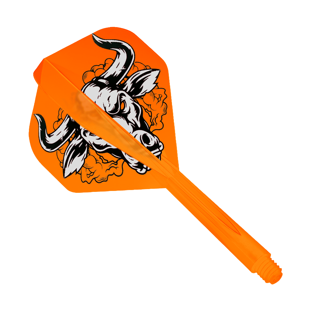 Condor Ax Aussie Bull Orange Flight System Standard Auf dem Bild ist ein orangefarbenes Dartflight-System mit einem auffälligen Bullen-Design zu sehen. Das Produkt heißt "Condor Axe Aussie Bull Orange Flight-System Standard".