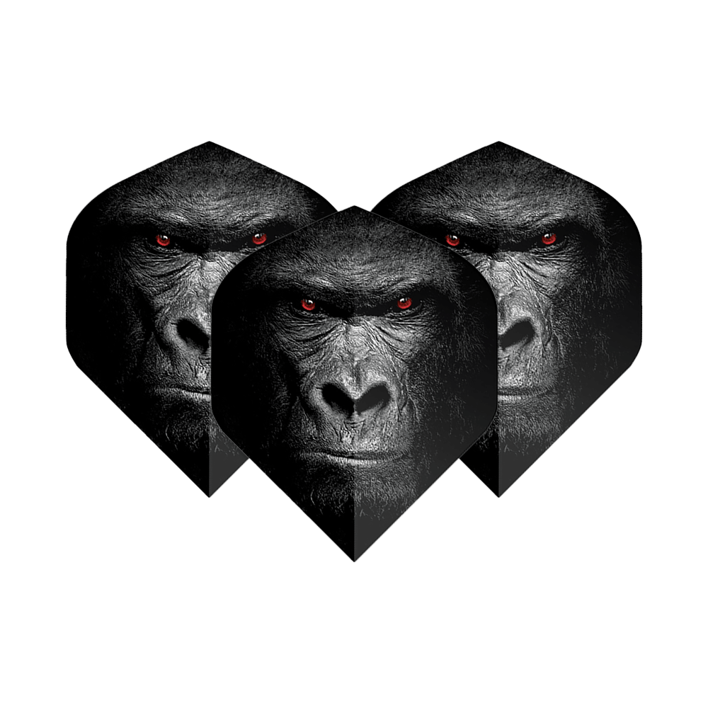 Pentathlon Flights Gorilla Das Bild zeigt drei Dart-Flights mit dem Gesicht eines Gorillas und leuchtend roten Augen. Die Flights sind das Produkt "Pentathlon Gorilla No2 Standard Flights".
