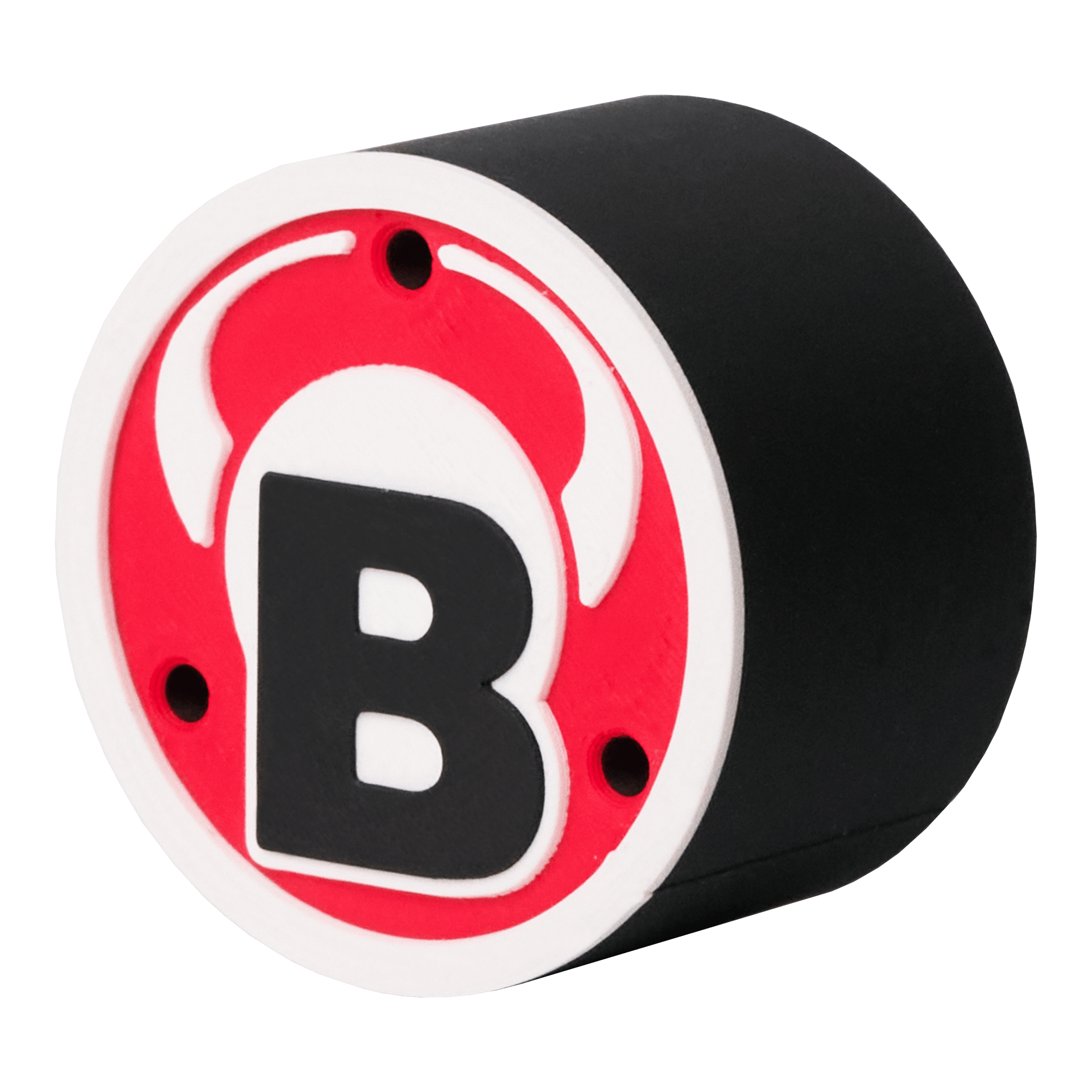 Bulls Dart Holder Logo Round Das Bild zeigt ein rundes schwarzes Produkt mit einem roten und weißen Logo auf der Vorderseite. In der Mitte des Logos befindet sich ein großes schwarzes "B" mit weißen Hörnern darüber.