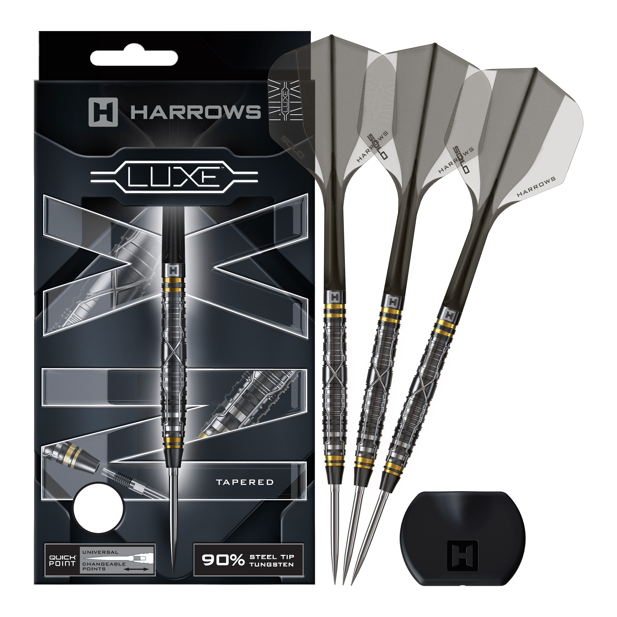 Harrows NX Luxe Tapered Quick Point Steeldarts Zu sehen ist ein Steeldartpfeil mit zulaufendem Design und strukturierter Oberfläche. Er ist deutlich von der Seite präsentiert.