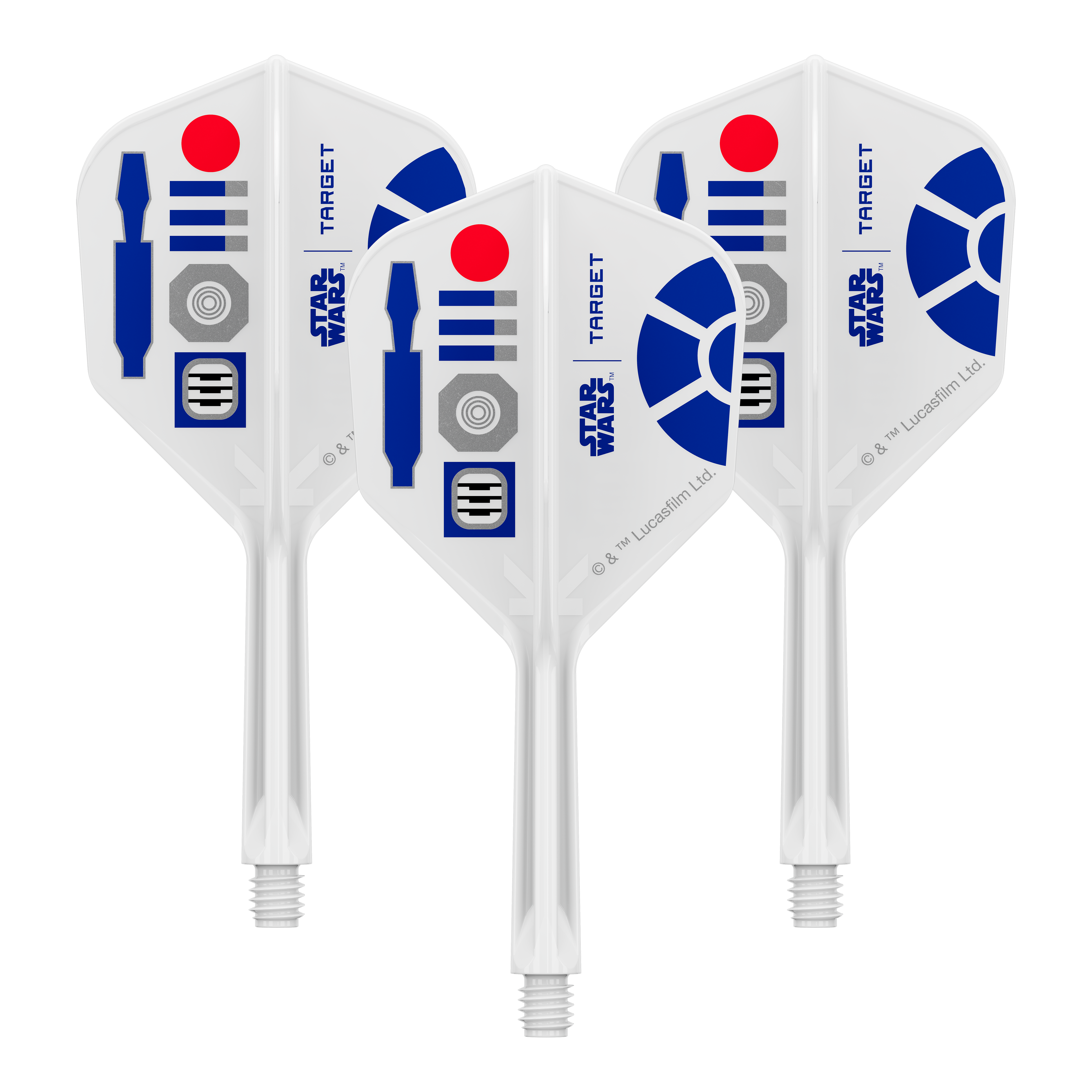 Target Star Wars K-Flex R2D2 No6 Flights Abgebildet ist ein Produkt mit dem Dateinamen 410511_Target_StarWars_KFlex_R2D2_No6_Flights_Intermediate_26mm_1Set. Es könnte sich um ein Set von Dart-Flights mit Star Wars Motiv handeln.