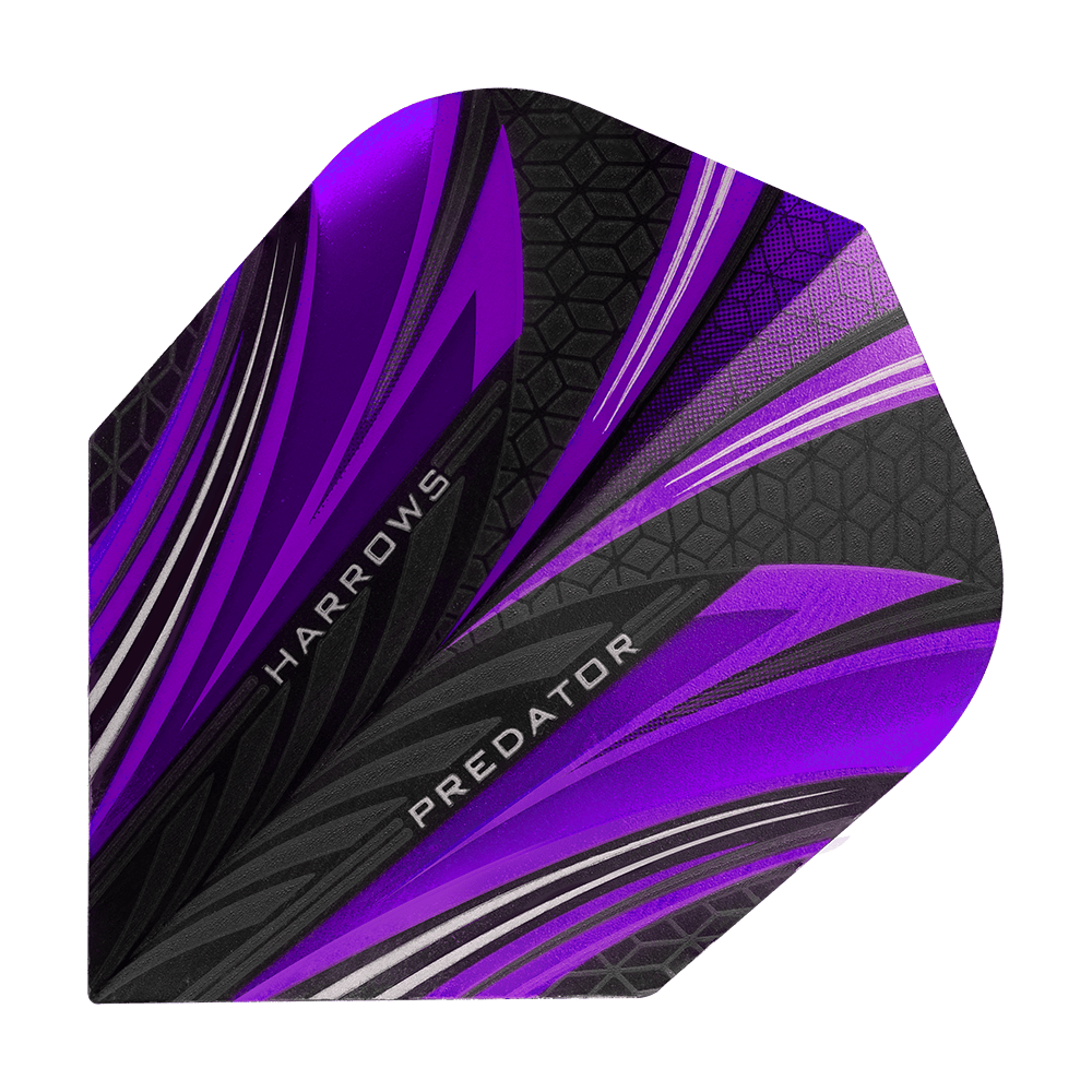 HR7523_Harrows_Prime_Predator_Purple_No2_Standard_Flights_1 Dies ist ein Harrows Prime Predator Purple No2 Standard Flight für Dartpfeile. Das Flight hat ein auffälliges Design in Lila, Schwarz und Silber mit geometrischen Mustern.