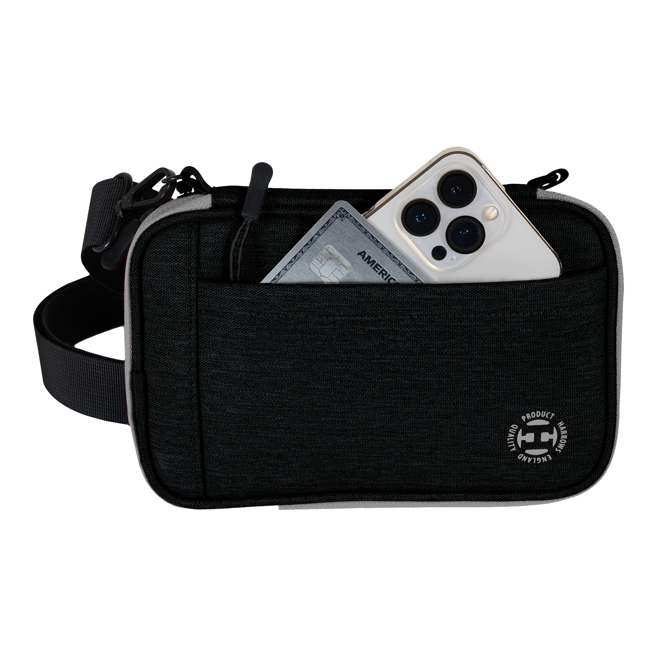 Harrows Smart Case XL dart wallet Auf dem Bild ist eine schwarze Harrows Smart Case XL Darttasche zu sehen. In der vorderen Tasche stecken ein Smartphone und eine Kreditkarte.