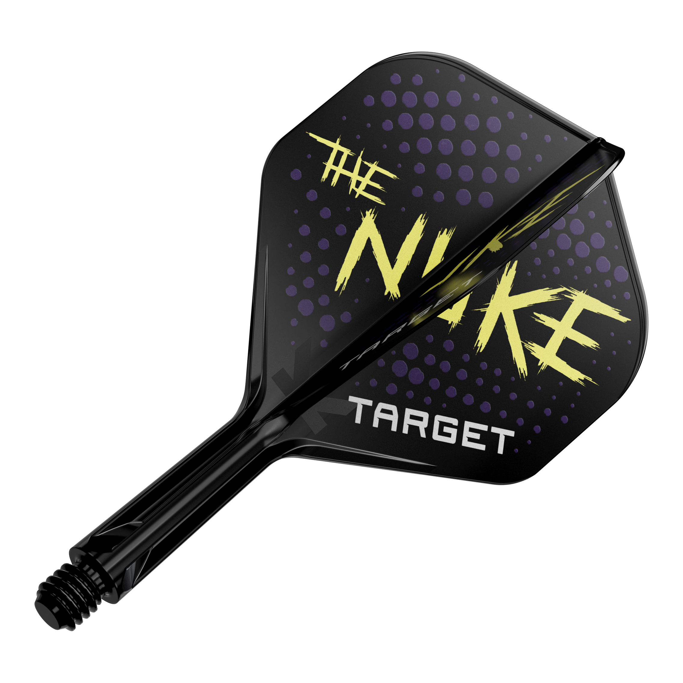 Target K-Flex Luke Littler Black No2 Standard Flight System Auf dem Bild ist ein schwarzes Dart-Flight mit dem Schriftzug "THE NUKE" und "TARGET" zu sehen. Das Design zeigt außerdem lila Punkte im Hintergrund.