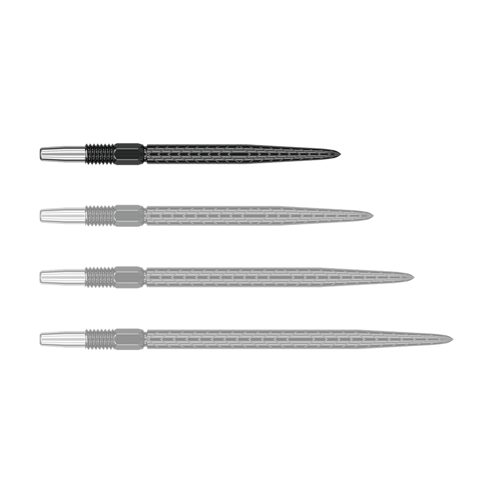 Target Swiss Point RVE dart tips - Black Auf dem Bild sind vier schwarze Dartspitzen mit silbernem Gewinde zu sehen. Sie liegen nebeneinander in einer horizontalen Reihe.