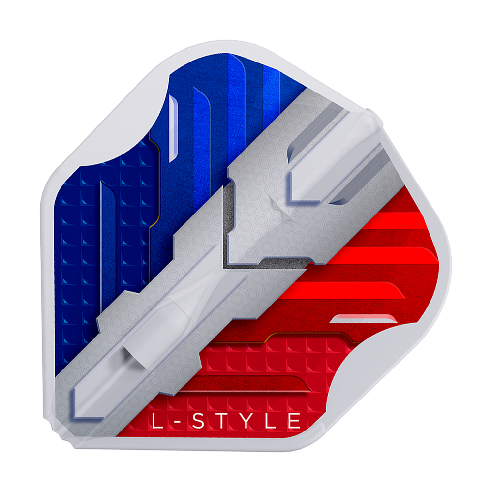 Das Bild zeigt ein Dartflight mit den Farben der französischen Flagge in Blau, Weiß und Rot. Unten steht der Schriftzug "L-STYLE".