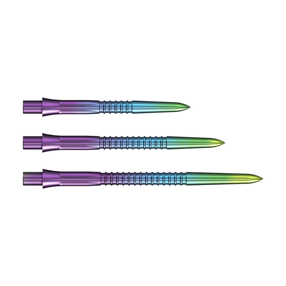 Mission Caliburn EVO dart tips GV1 - Rainbow Hier sind die Mission Caliburn EVO Dartspitzen GV1 in Rainbow-Farben abgebildet. Sie bieten ein auffälliges Design für Dartspieler.
