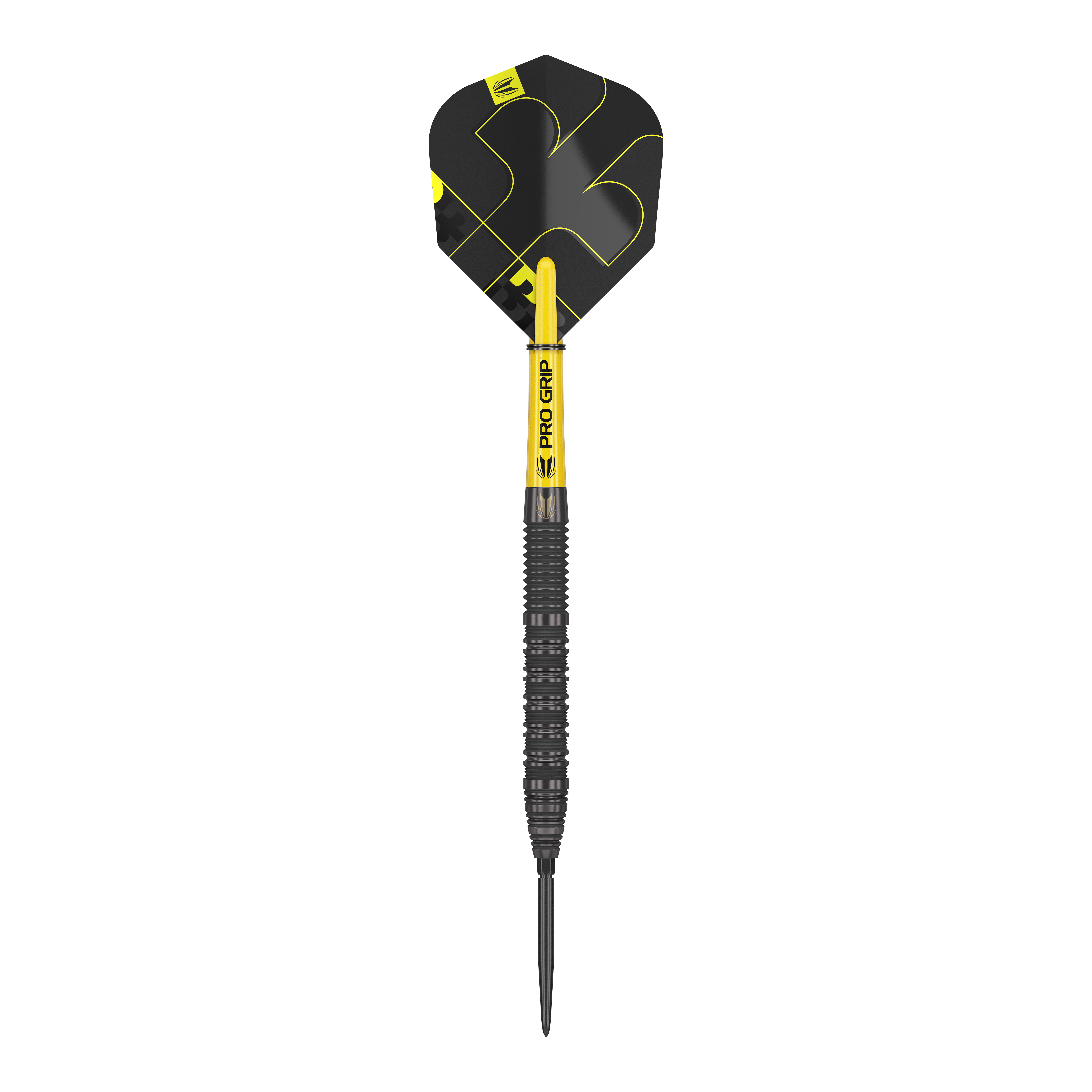 Target Bolide Void 01 Swiss Point Steeldarts Das Bild zeigt einen Target Bolide Void 01 Swiss Point Steeldart. Der Dartpfeil ist schwarz-gelb und hat eine strukturierte Griffzone.