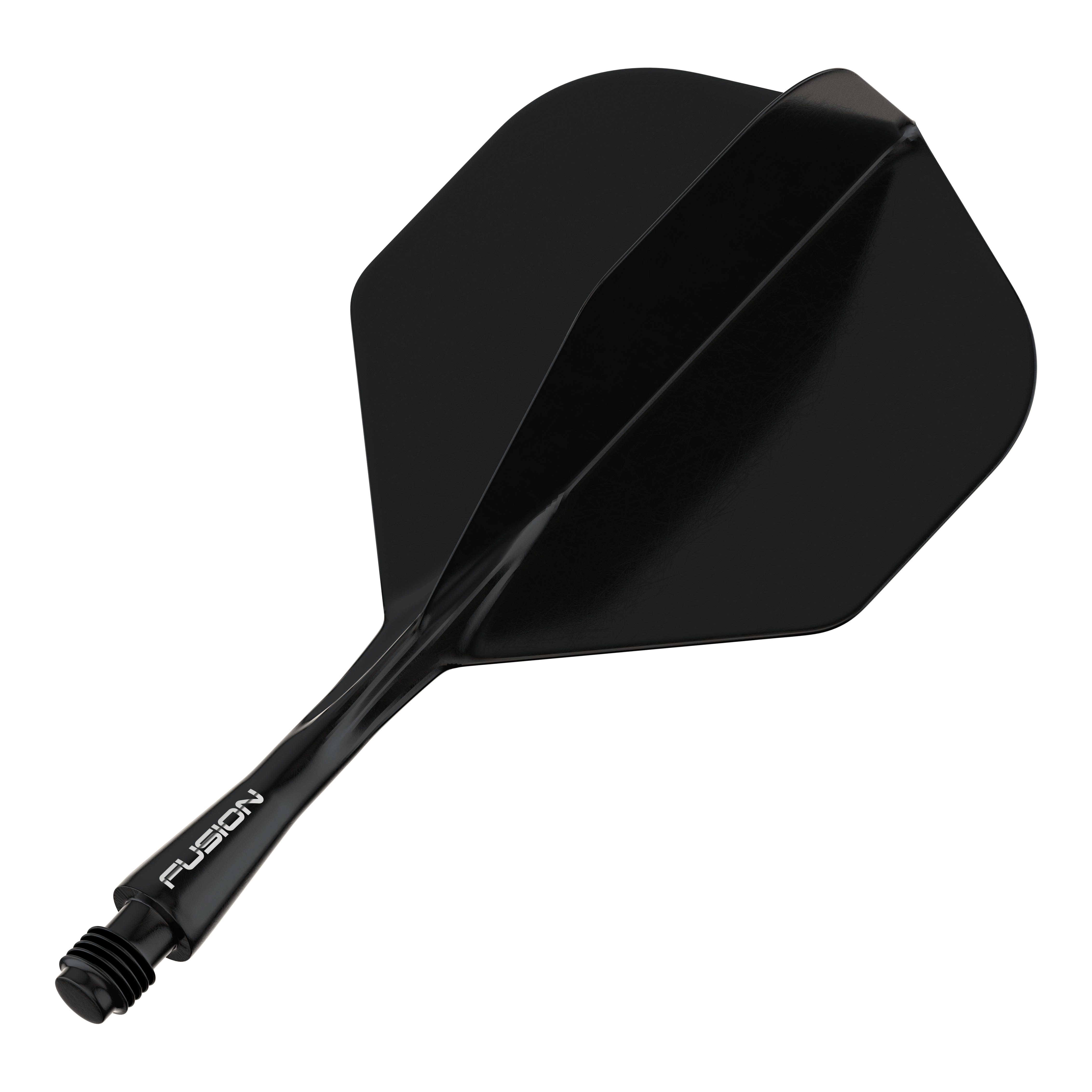 Winmau Fusion Flight Shaft System Standard Black Das Bild zeigt ein schwarzes Dart-Flightsystem mit einem Schaft. Auf dem Schaft steht das Wort "FUSION".
