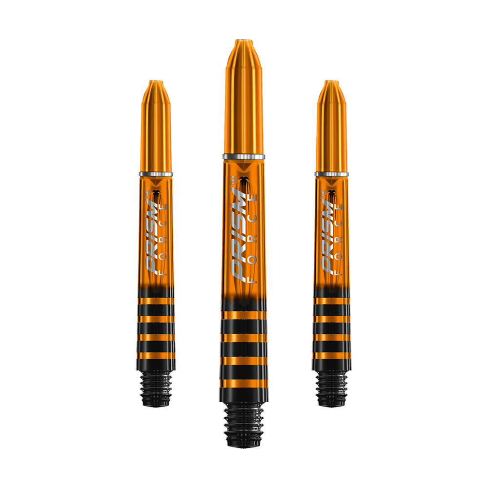 Das Bild zeigt drei orangefarbene Winmau Prism Force Shafts für Darts. Die Shafts haben schwarze Streifen und silberne Details.