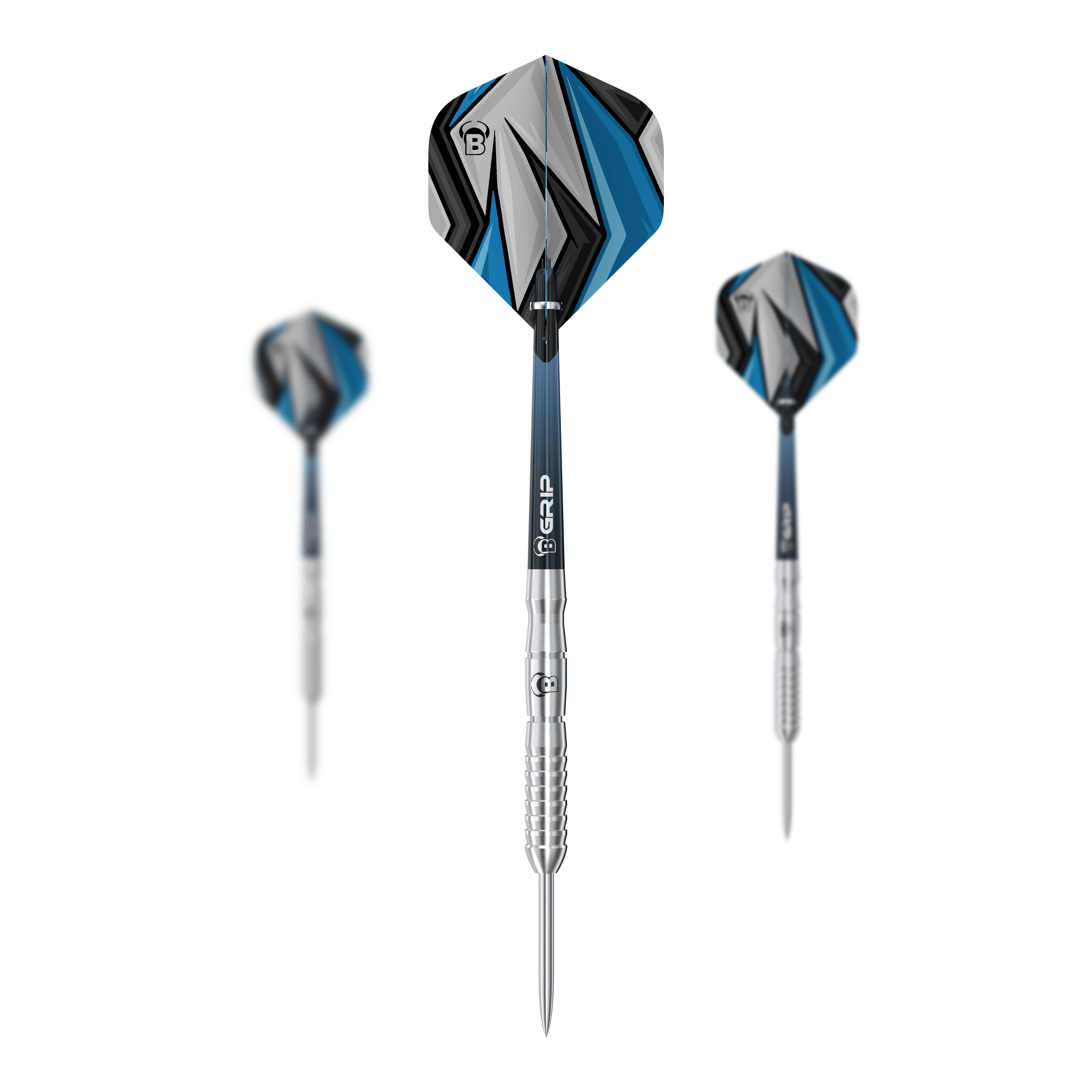 Bulls Stone S3 Steeldarts Auf dem Bild sind drei Bulls Stone S3 Steeldarts zu sehen. Sie haben silberne Spitzen und moderne Flights in Blau, Schwarz und Grau.