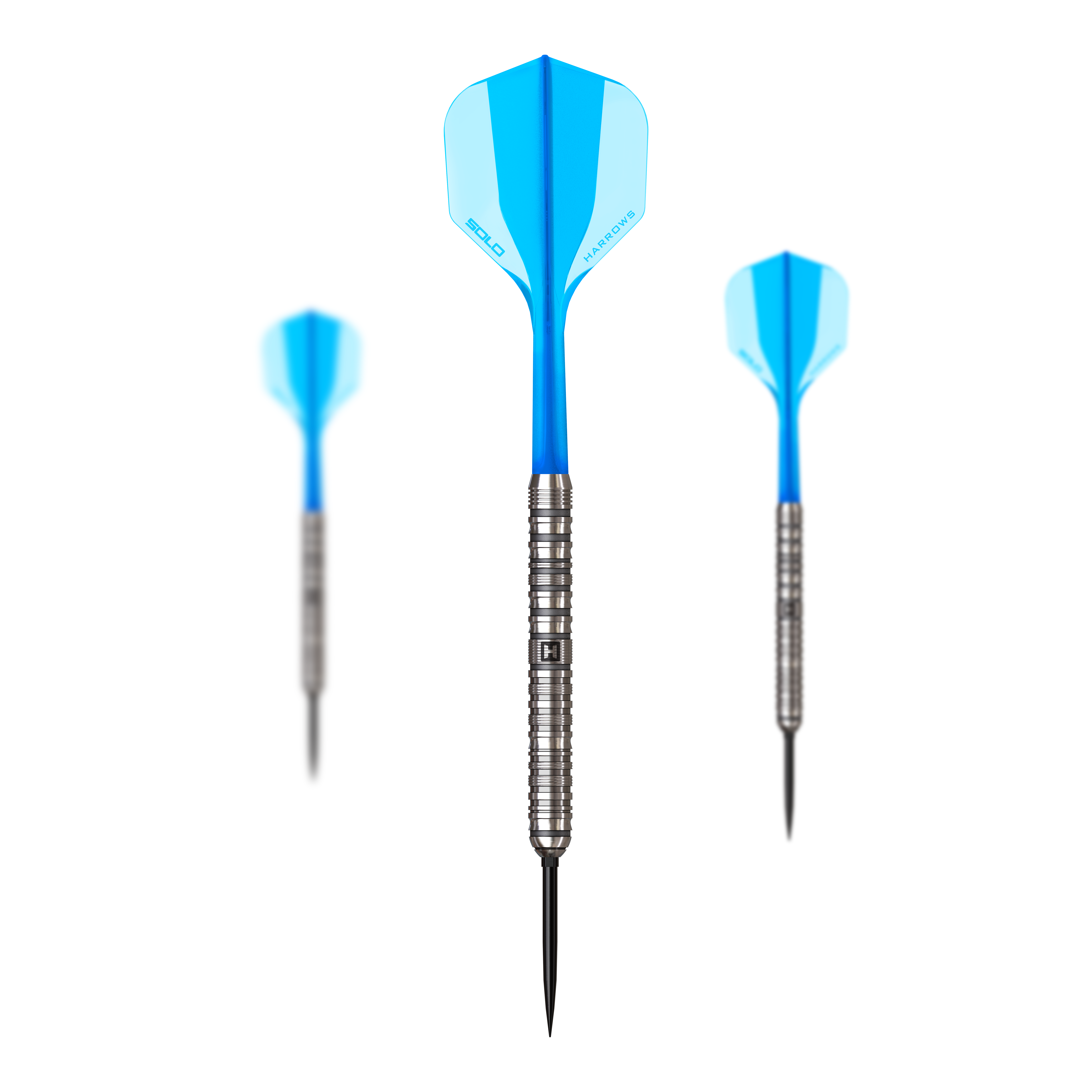 Harrows Flux Quick Point Steeldarts sind zu sehen. Die Darts haben eine schlanke Form und elegante Akzente.