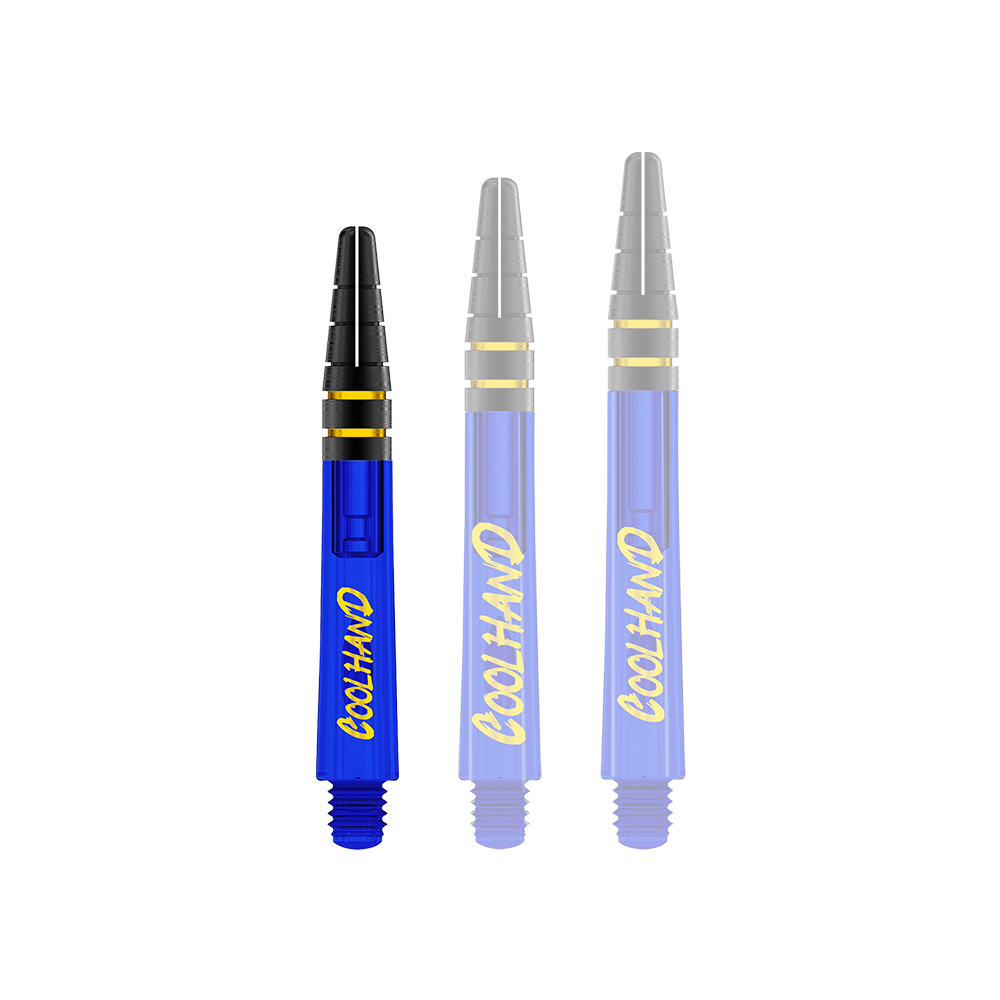 Red Dragon Nitrotech Luke Humphries Coolhand Shafts - Blue Auf dem Bild sind drei blaue Dartschäfte mit gelbem Schriftzug "COOLHAND" zu sehen. Oben haben sie schwarze Rillen mit goldenen Ringen.
