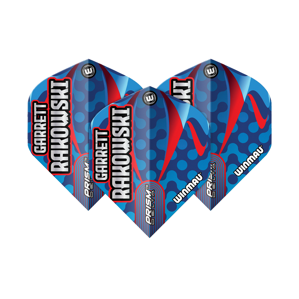 Das Bild zeigt die Winmau Prism Delta Garrett Rakowski Standard Flights. Die Flights sind blau mit roten und hellblauen Akzenten sowie dem Namen "Garrett Rakowski" darauf.
