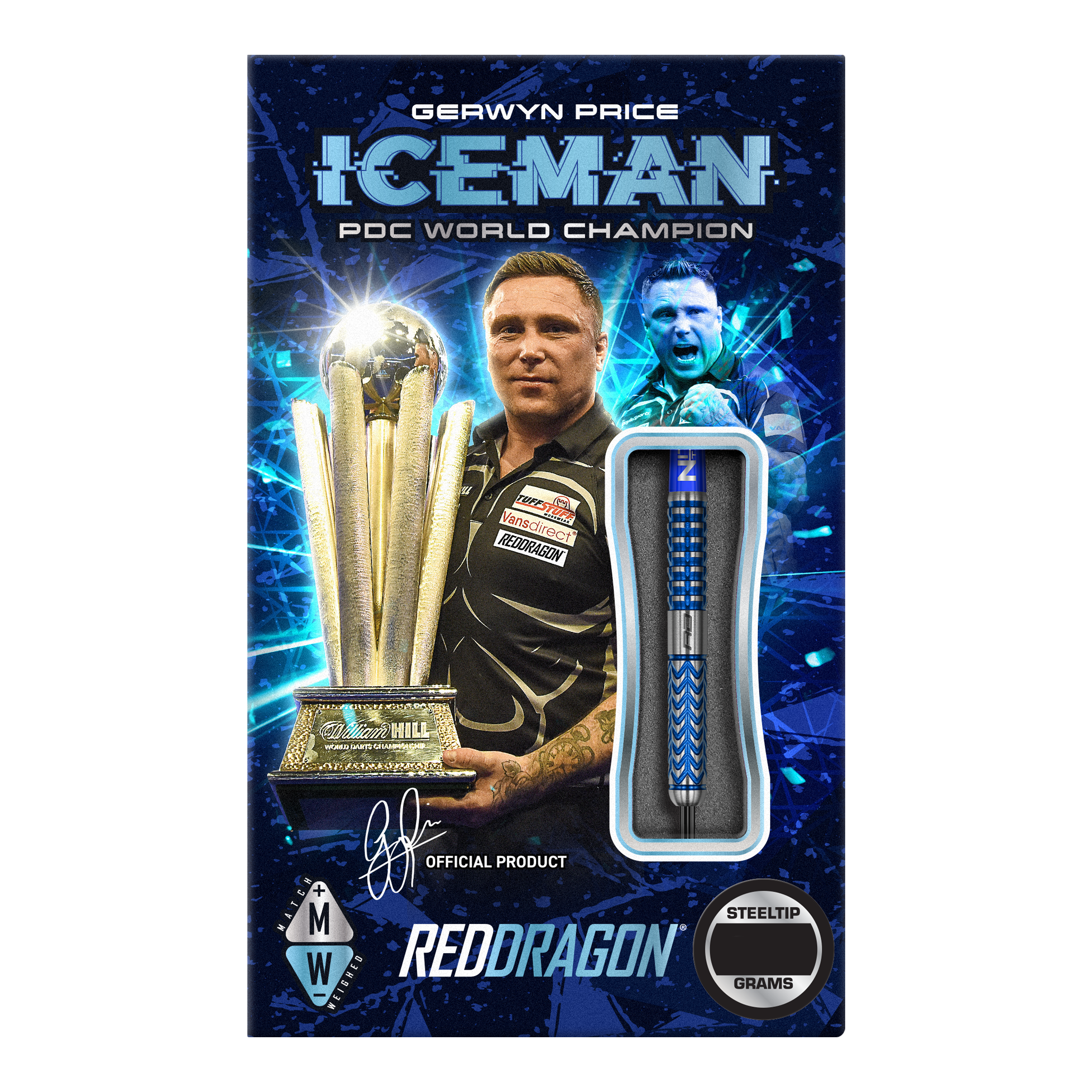 Red Dragon Gerwyn Price Glacier steel darts Das Bild zeigt die Verpackung der "Red Dragon Gerwyn Price Glacier Steeldarts". Auf der Verpackung sind Gerwyn Price, ein großer Pokal und ein Steeldart abgebildet.