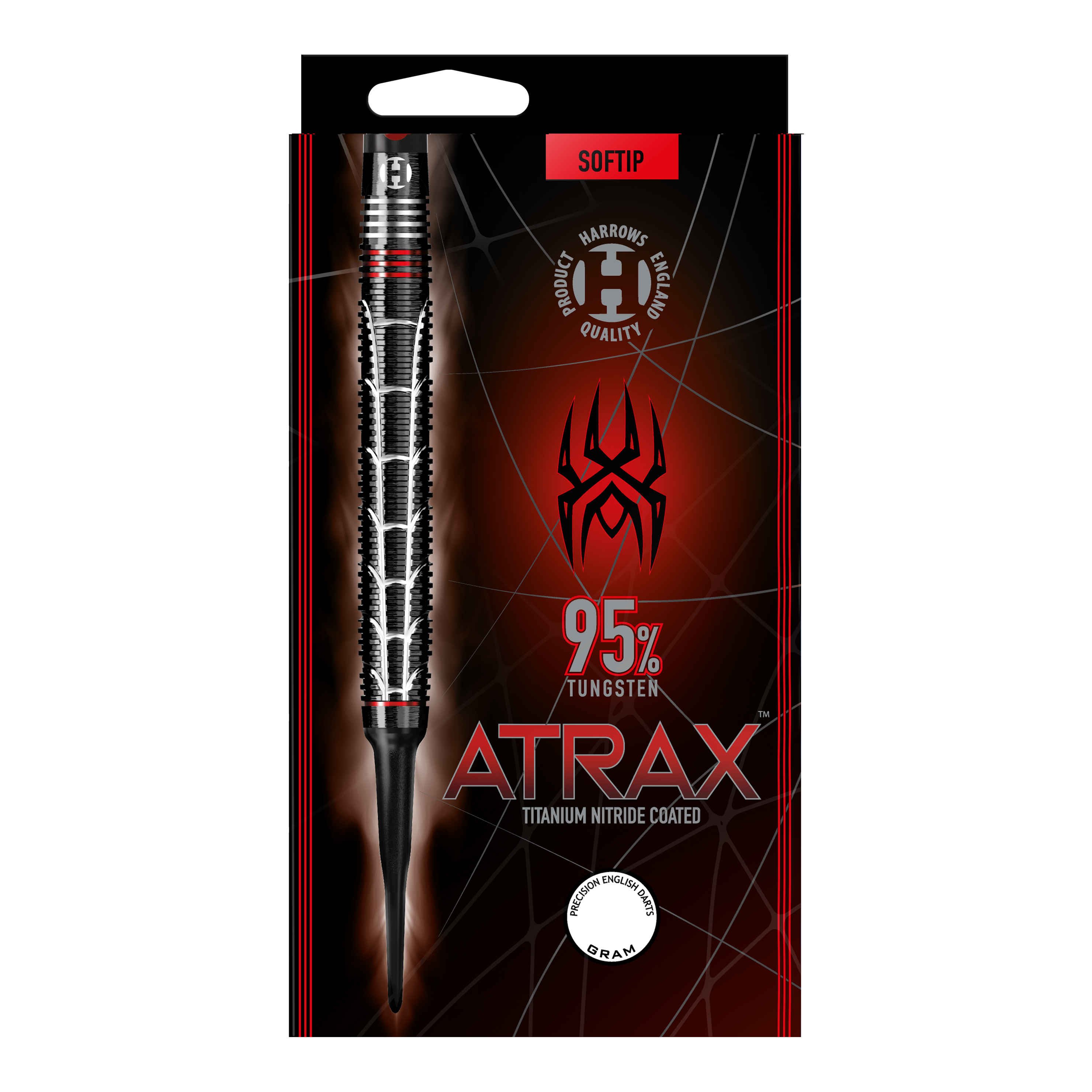 Harrows Atrax Softdarts Auf dem Bild ist eine Verpackung für einen Softdart mit der Aufschrift "ATRAX" zu sehen. Der Dart besteht zu 95 % aus Wolfram und ist titan-nitrid beschichtet.