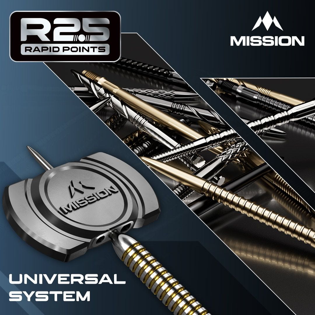 Mission R2.5 Rapid Point GV1 Dart Tips - Gold Die Abbildung zeigt die Mission R2.5 Rapid Point GV1 Dartspitzen in Silber. Es sind speziell designte Dartspitzen für Präzision und Haltbarkeit.
