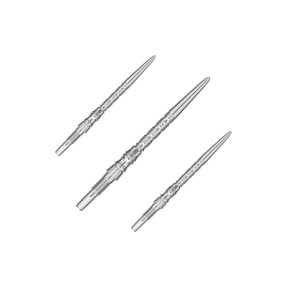 Target Signature Swiss Point TRB steel dart tips - silver Mehrere silberne Dartspitzen sind nebeneinander zu sehen. Es handelt sich um ein Set der 'Target SwissPoint Signature TRB' Dartspitzen mit 30 mm Länge.