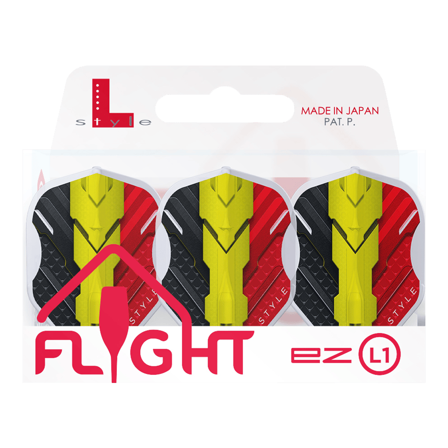 Das Bild zeigt eine Packung mit drei L-Style V-Series V1 Type C Belgium Clear White L1EZ Flights. Die Flights sind in den Farben Schwarz, Gelb und Rot gestaltet und werden in einer Verpackung mit der Aufschrift "Made in Japan" präsentiert.