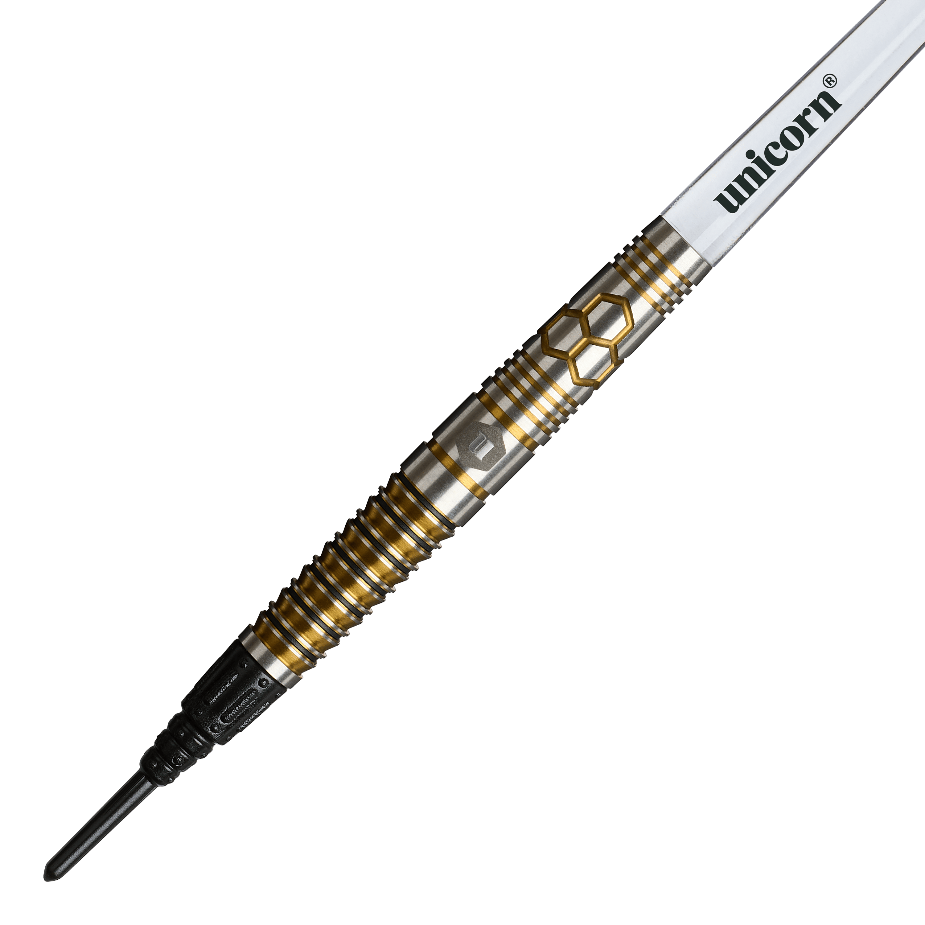 Das Foto zeigt Unicorn Hexium Style 03 Gold & Black Softdarts, 23g. Die Darts haben ein modernes Muster in Gold und Schwarz.