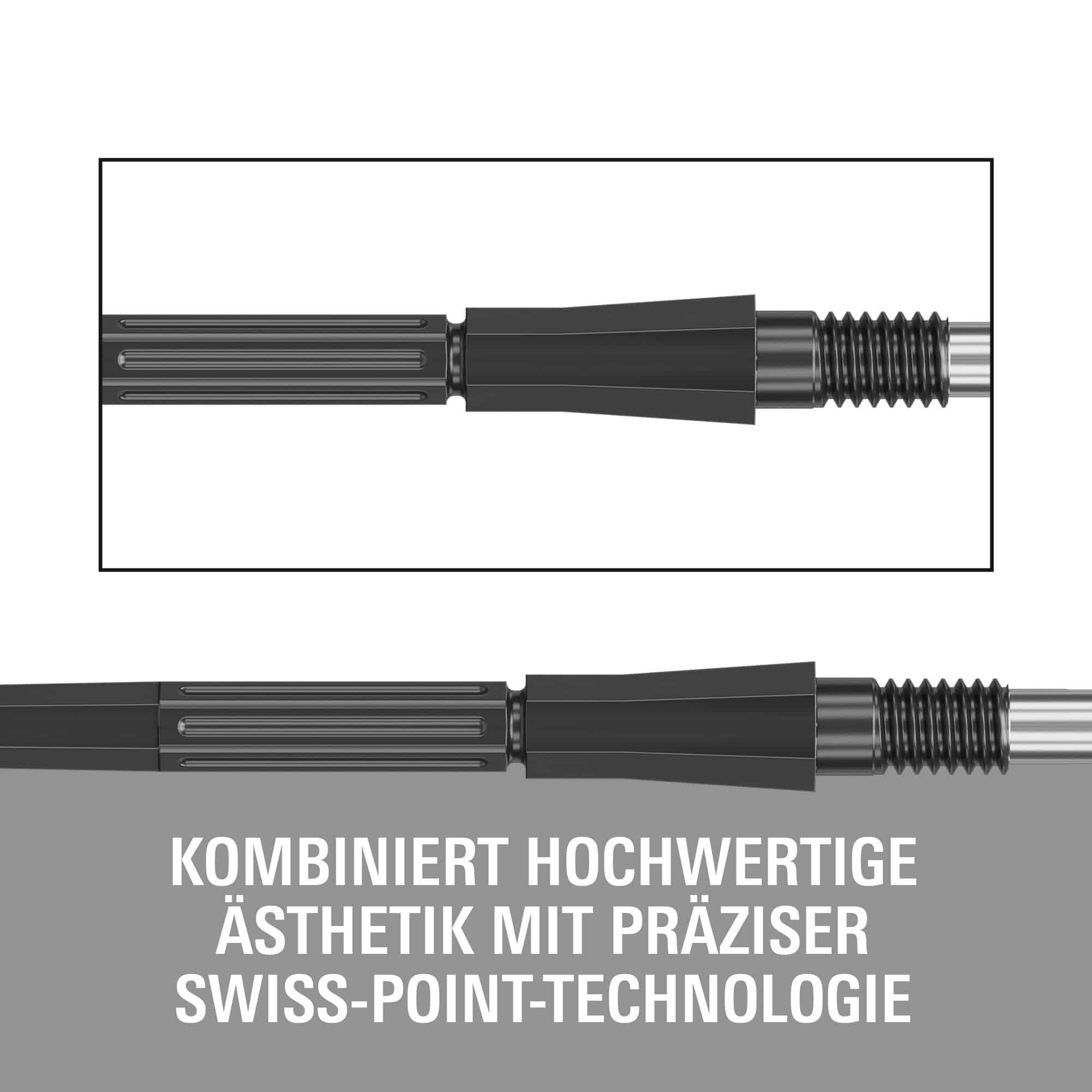 Das Bild zeigt die Target Elysian Archetype 43 Swiss Point Steeldartspitzen in Schwarz. Die Spitzen sind speziell für Dartspieler entworfen.