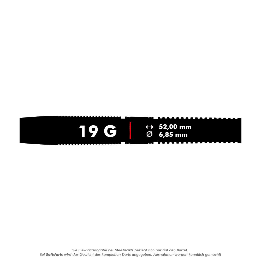 210322_Target_Gabriel_Clemens_Black_Edition_Softdarts_5_19g Das Bild zeigt die technischen Daten des Produkts "Target Gabriel Clemens Black Edition Softdarts - 19g". Der Dart wiegt 19 Gramm, ist 52,00 mm lang und hat einen Durchmesser von 6,85 mm.