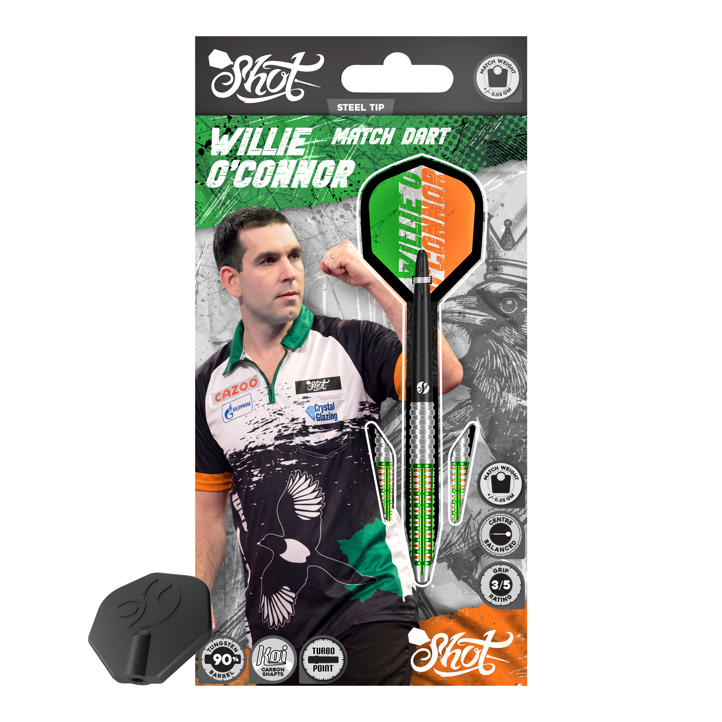 Shot Pro Series Willie O'Connor Turbo Point Steeldarts sind Dartpfeile mit modernen Griffbereichen. Sie werden nebeneinander gelegt gezeigt.